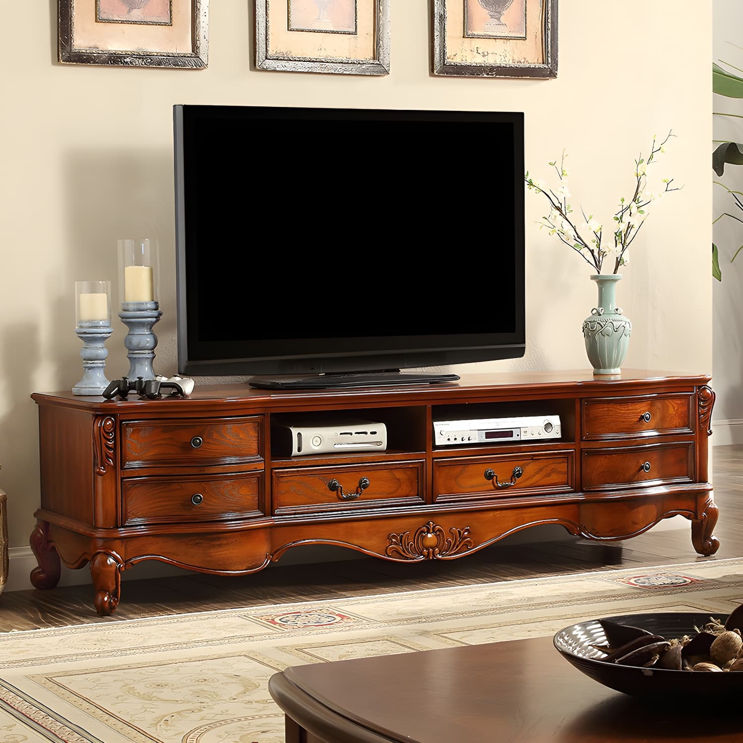 Brown Wooden TV Stand Console Traditional Style Home TV Cabinet with Drawers thumbnail 3