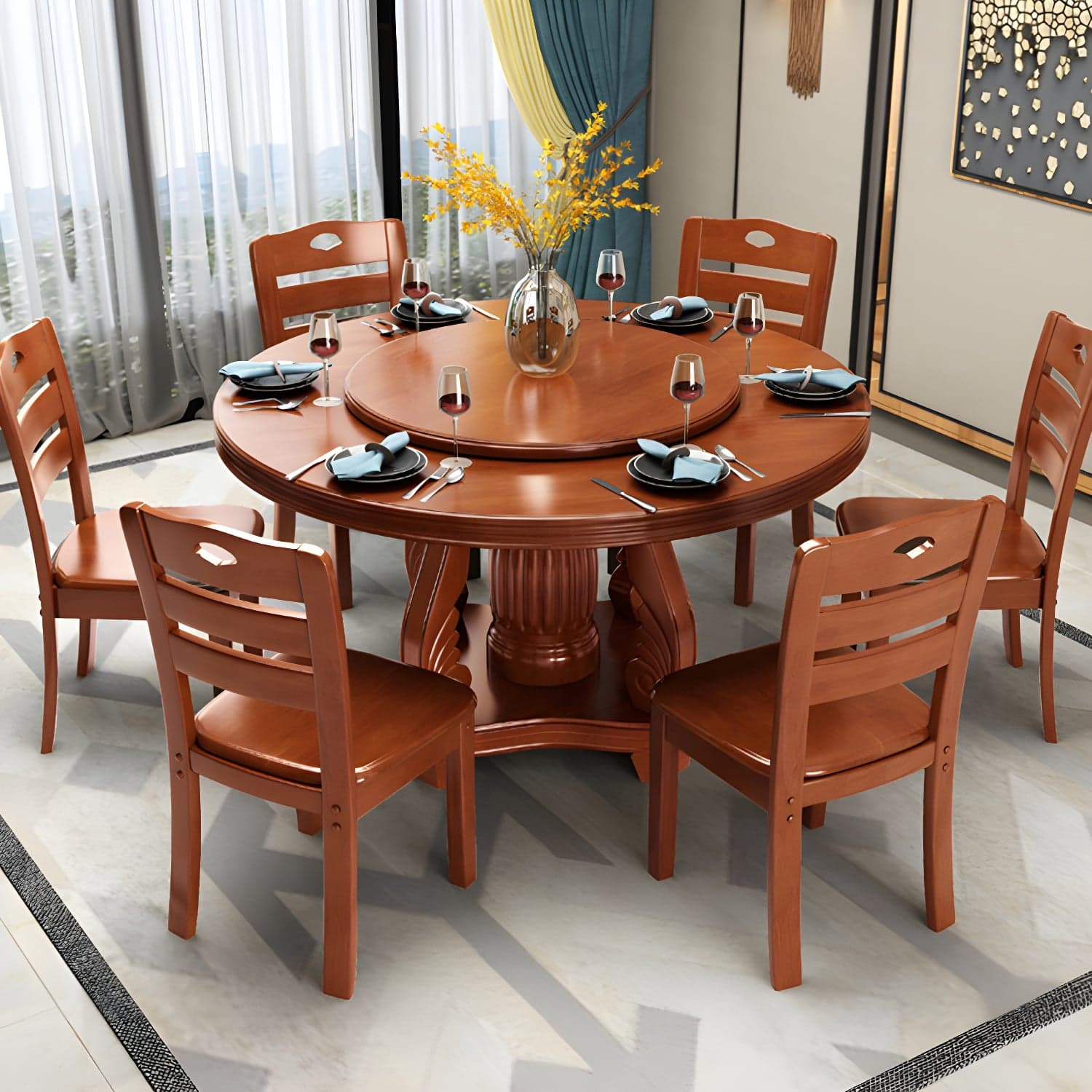 Contemporary Turntable Pedestal Dining Table Wood Dinner Table for Home thumbnail 1