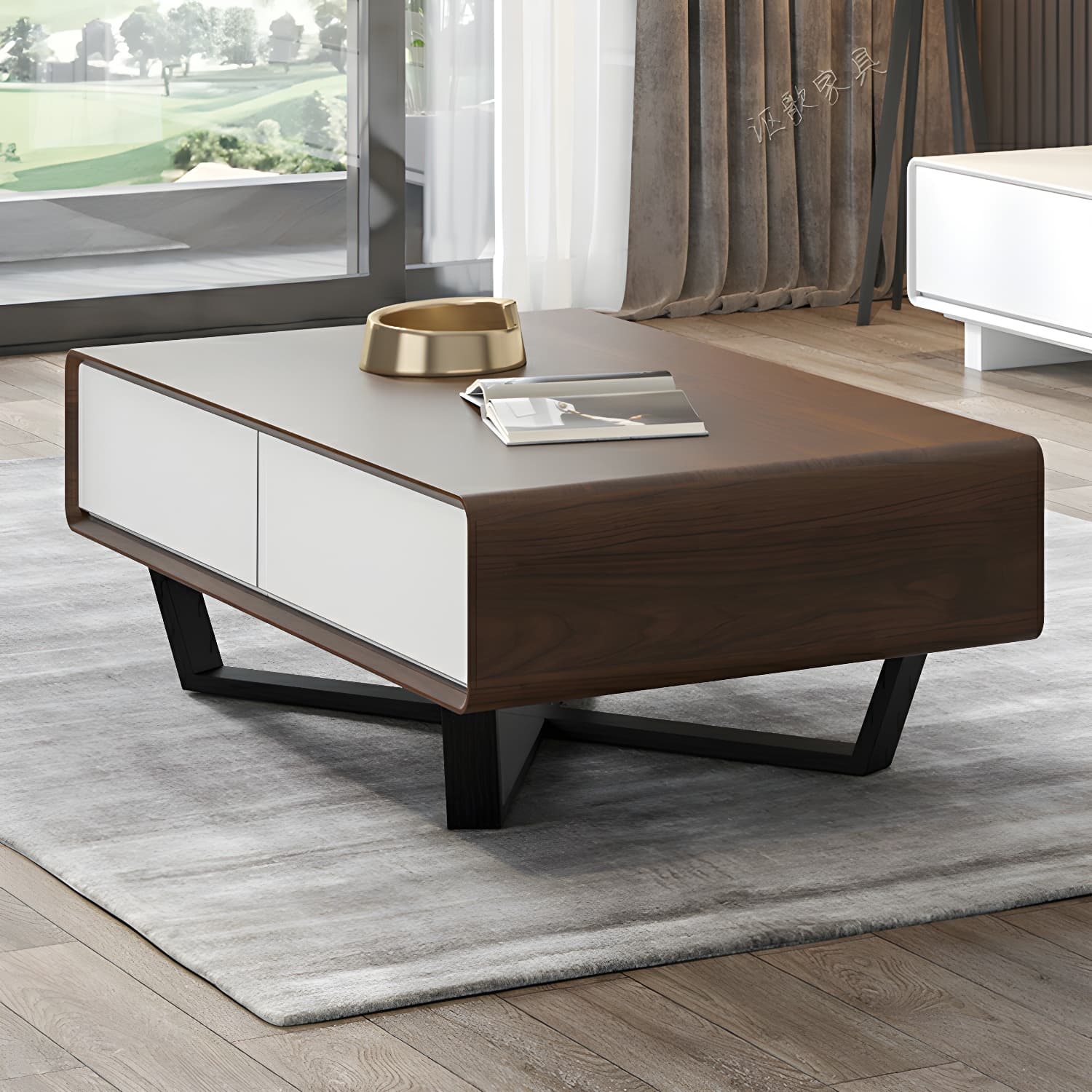 Rectangular Wood Modern Coffee Table with Black Metal Cross Legs and Storage Drawers thumbnail 9