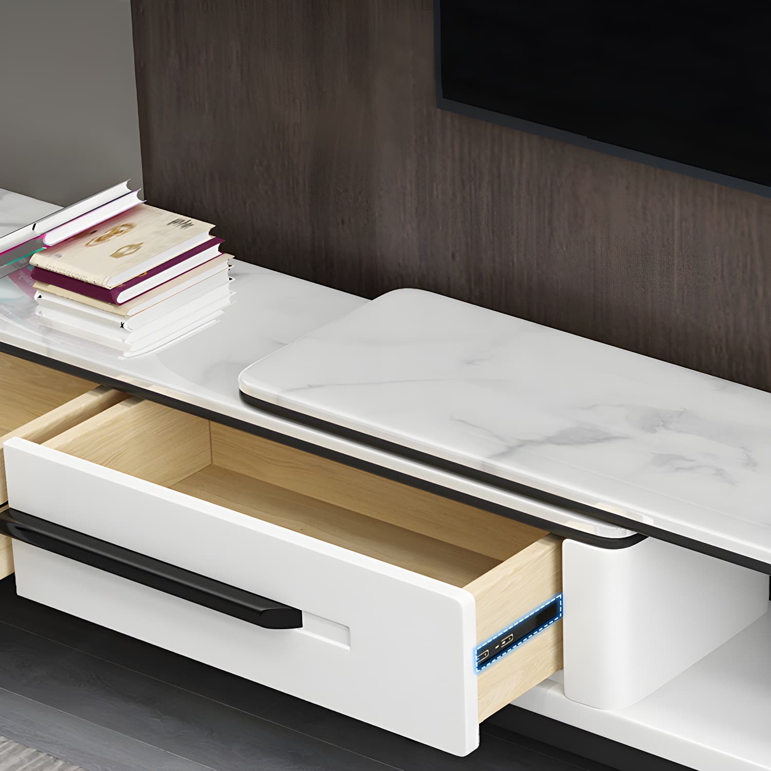 2 Drawers TV Console Modern Stone Media Console with Splayed Wooden Legs thumbnail 9