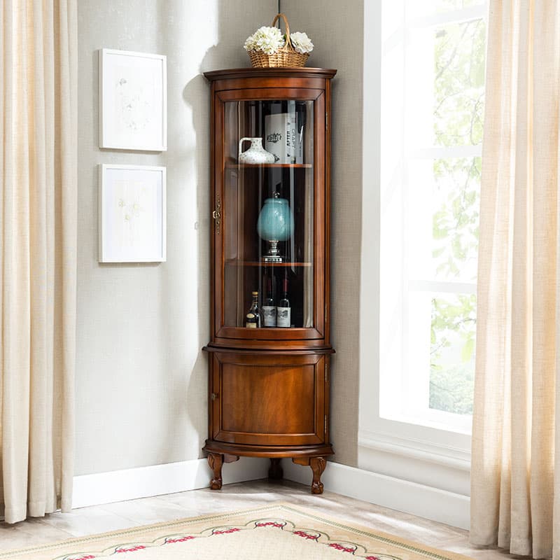 Traditional Medium Brown Corner Accent Cabinet with Wood Countertop and Exterior Shelving thumbnail 10