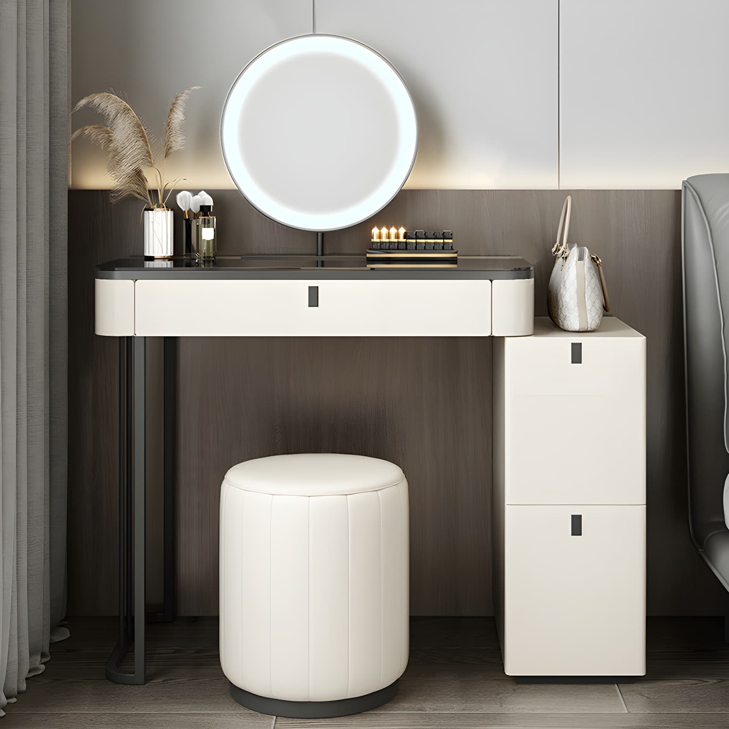Modern Minimalist White Vanity Table Set 29.53" H Glass Top Vanity Table with Storage thumbnail 3