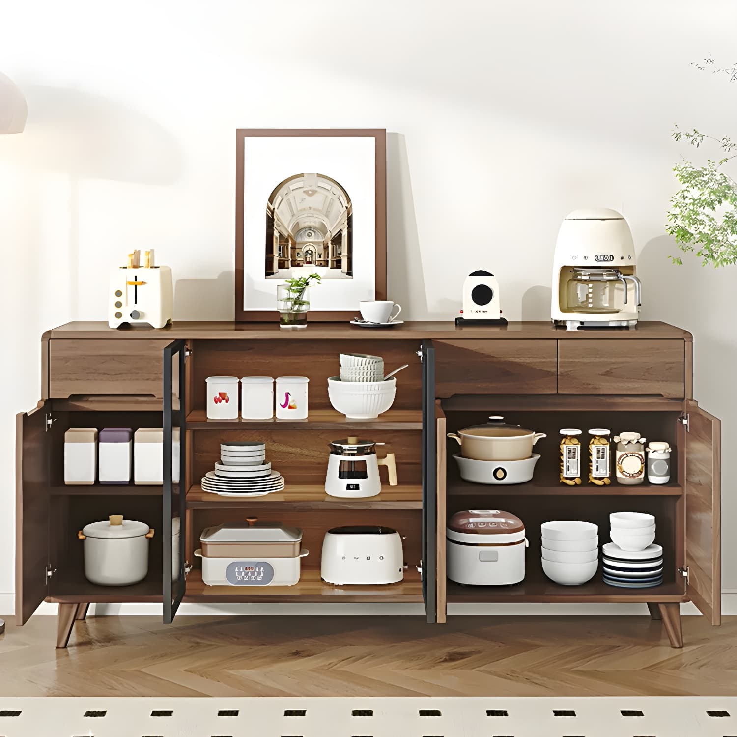 Contemporary Engineered Wood Free-standing Sideboard with Glass Door and Adjustable Shelves thumbnail 4