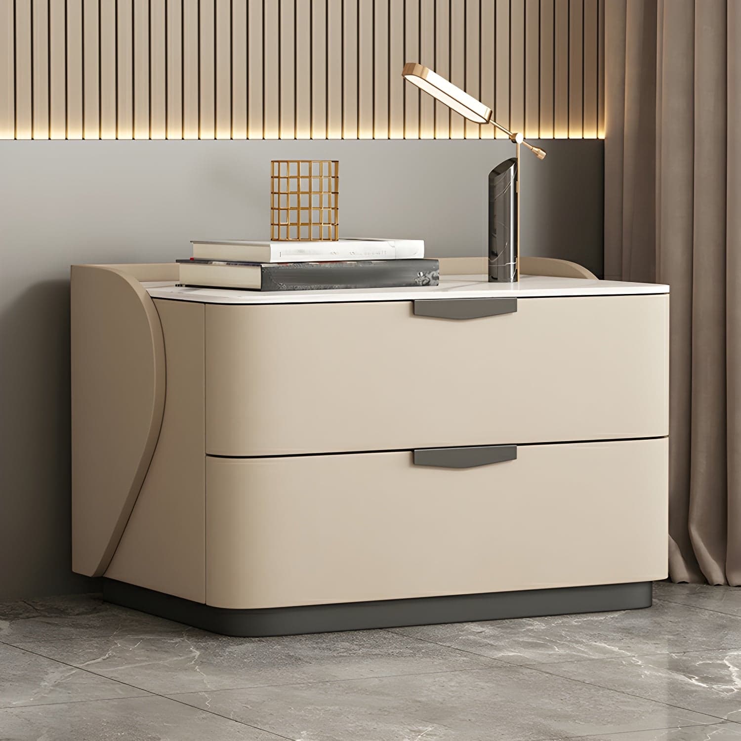 Modern Faux Leather Nightstand with Two Drawers in Light Wood thumbnail 2