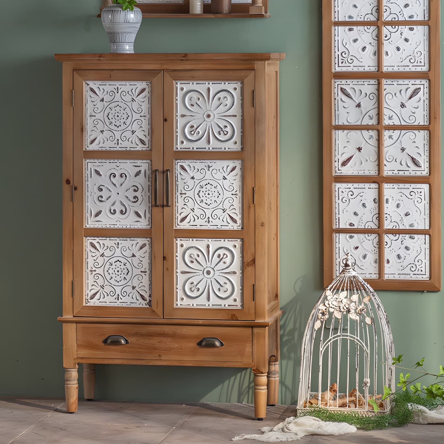 Industrial Accent Cabinet in Natural with Solid Wood Door and Drawers thumbnail 4