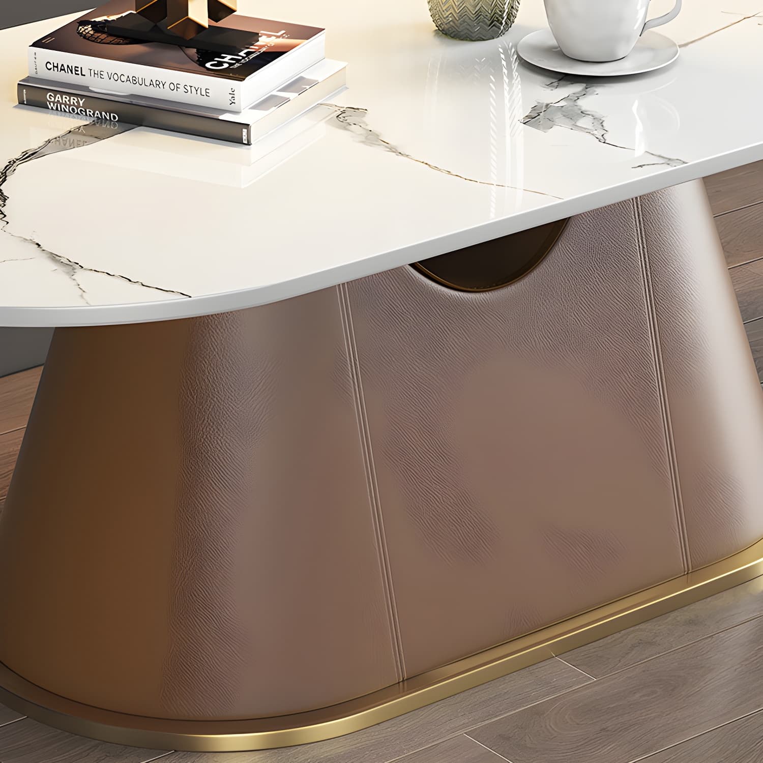 Glam Oval Stone Coffee Table with Pedestal Chrome Base - Scratch Resistant thumbnail 12