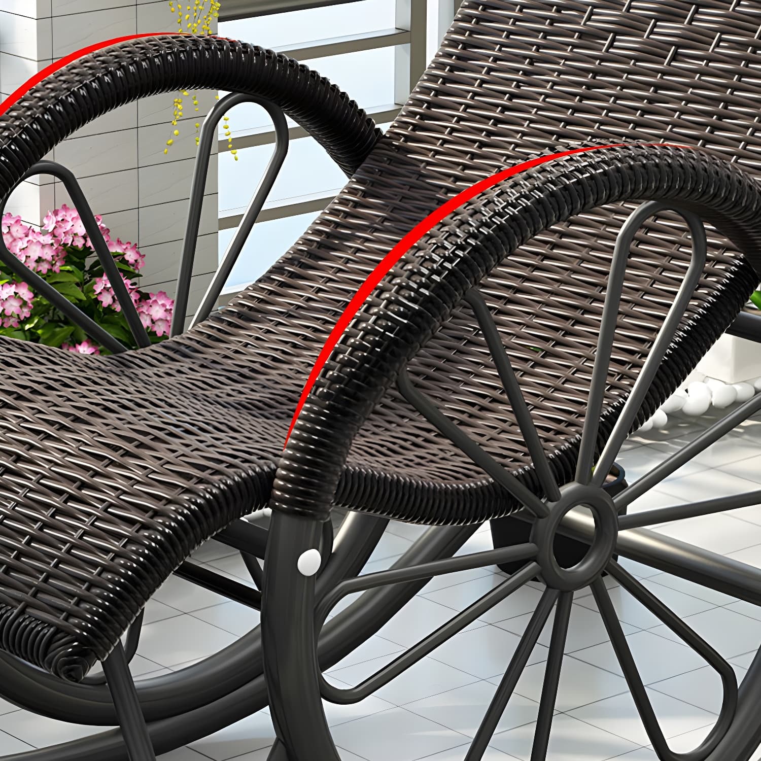 Modern Spindle Rattan Rocking Chair Metal Frame Wheel Handrail Design Rocker Chair thumbnail 15