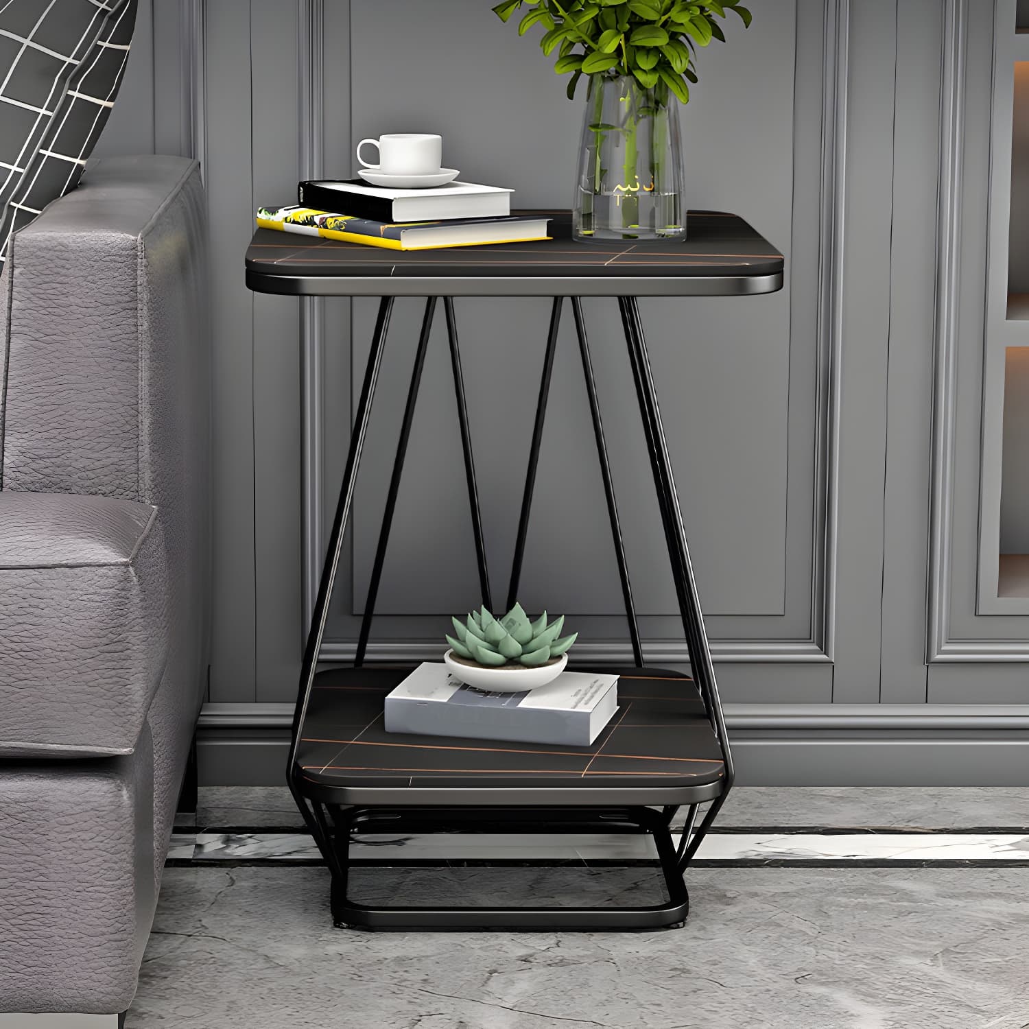 Glam Metal Night Table Stone Top 24'' Tall Open Storage Nightstand with Legs thumbnail 10