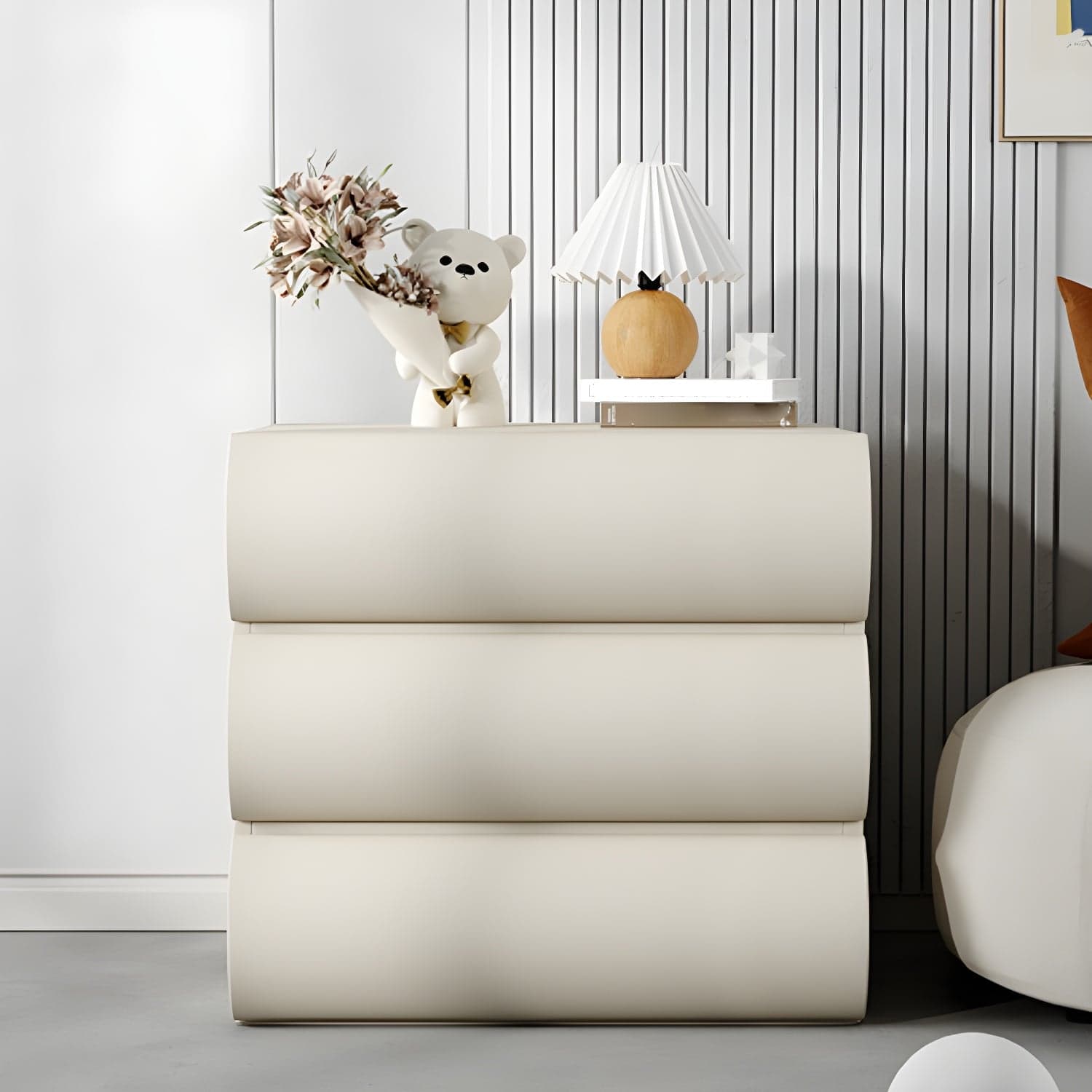 Modern Wood Nightstand with Drawer Storage in Faux Leather - Small Size thumbnail 5