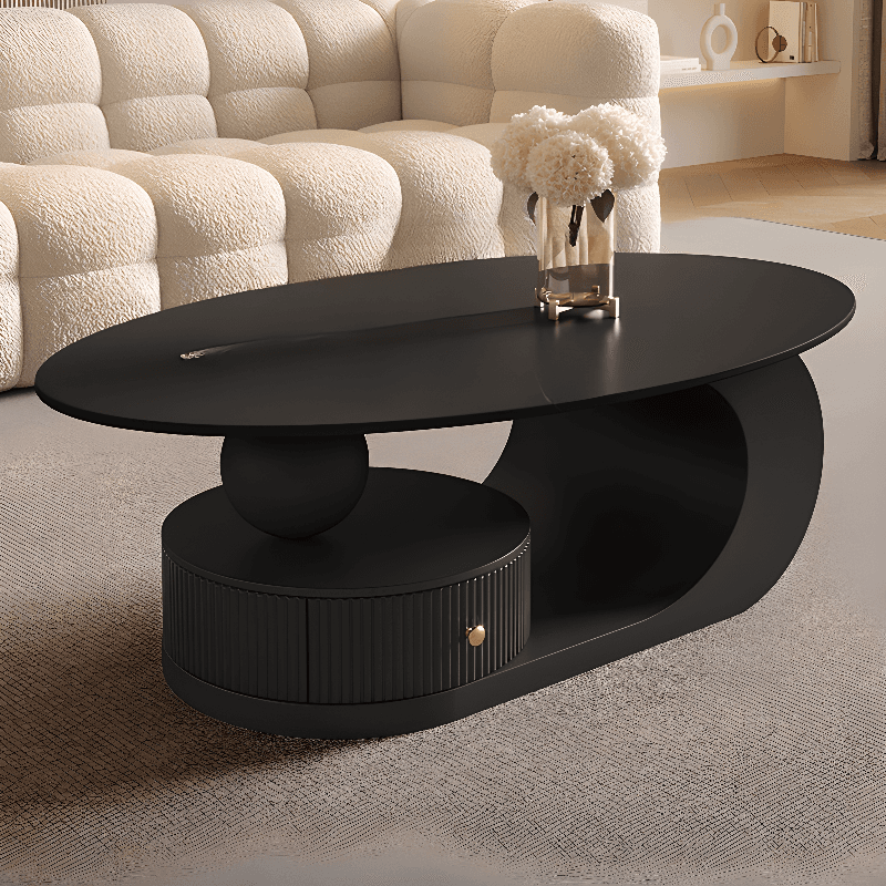 White/Midnight Black Scratch-proofed Oval Sintered Stone Board Game Coffee Table with Abstract Base and 1 Drawer for Living Room thumbnail 1