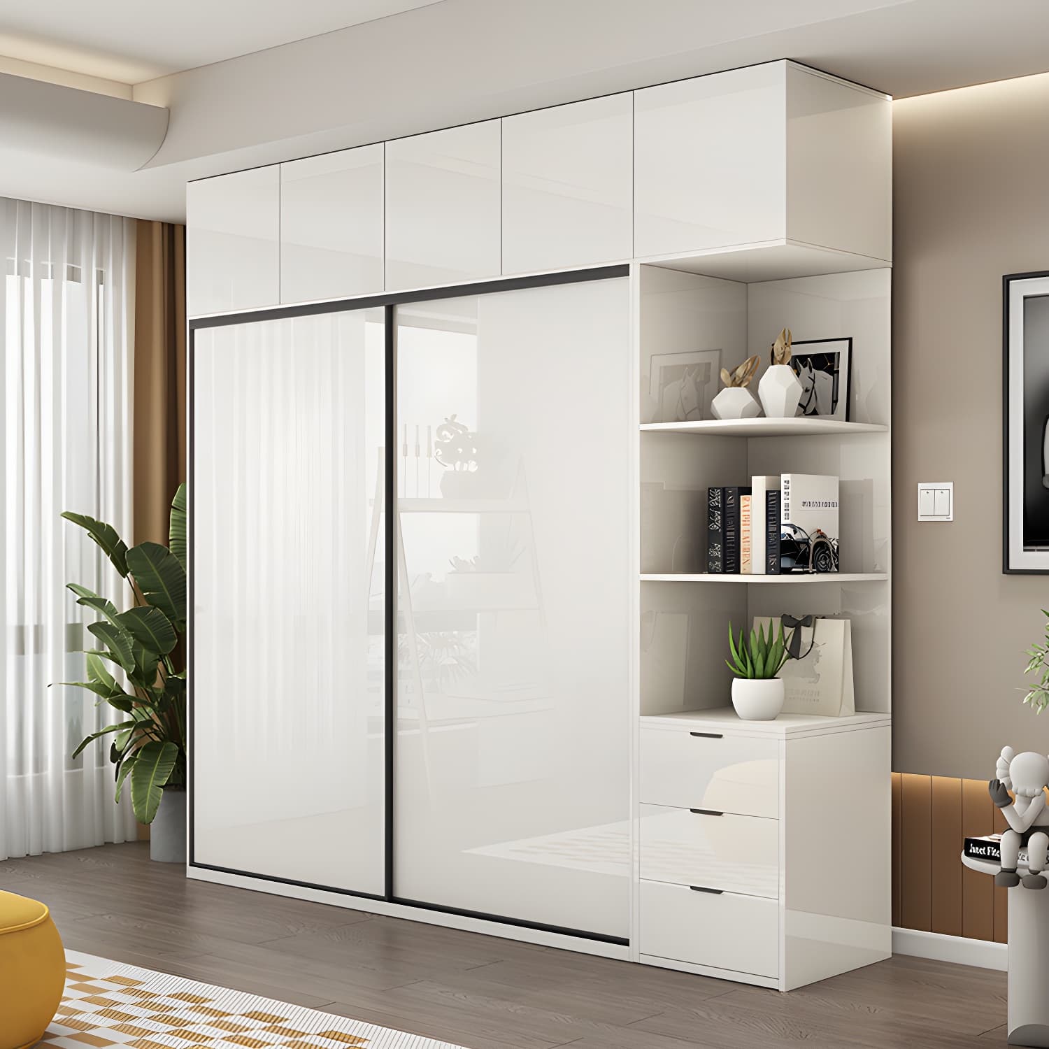 White Colour Wooden Wardrobe Cloth Rod Included Wardrobe Closet with Shelves thumbnail 4