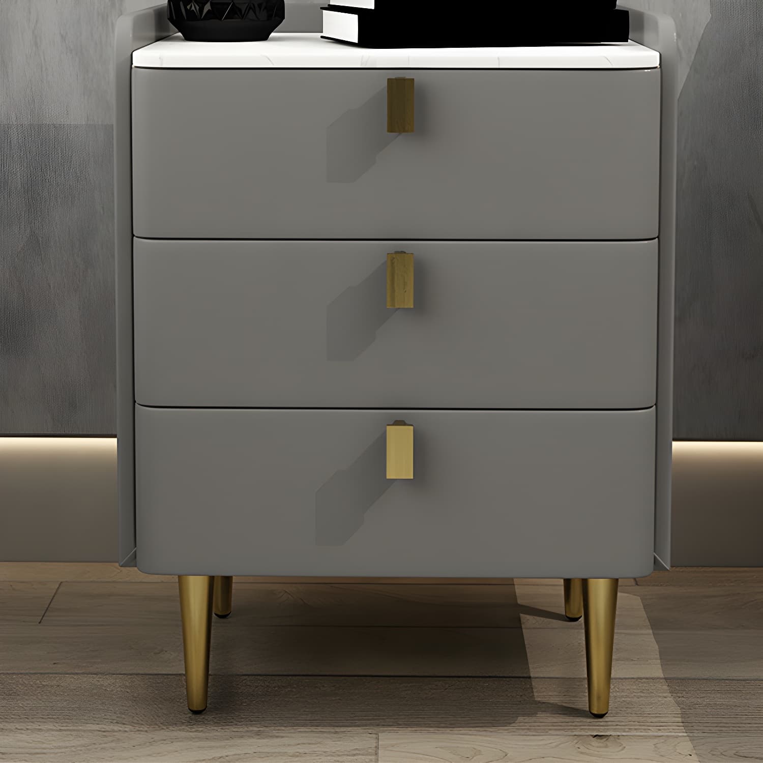 Faux Leather Nightstand Modern 3 - Drawer Nightstand with Stone Top thumbnail 17