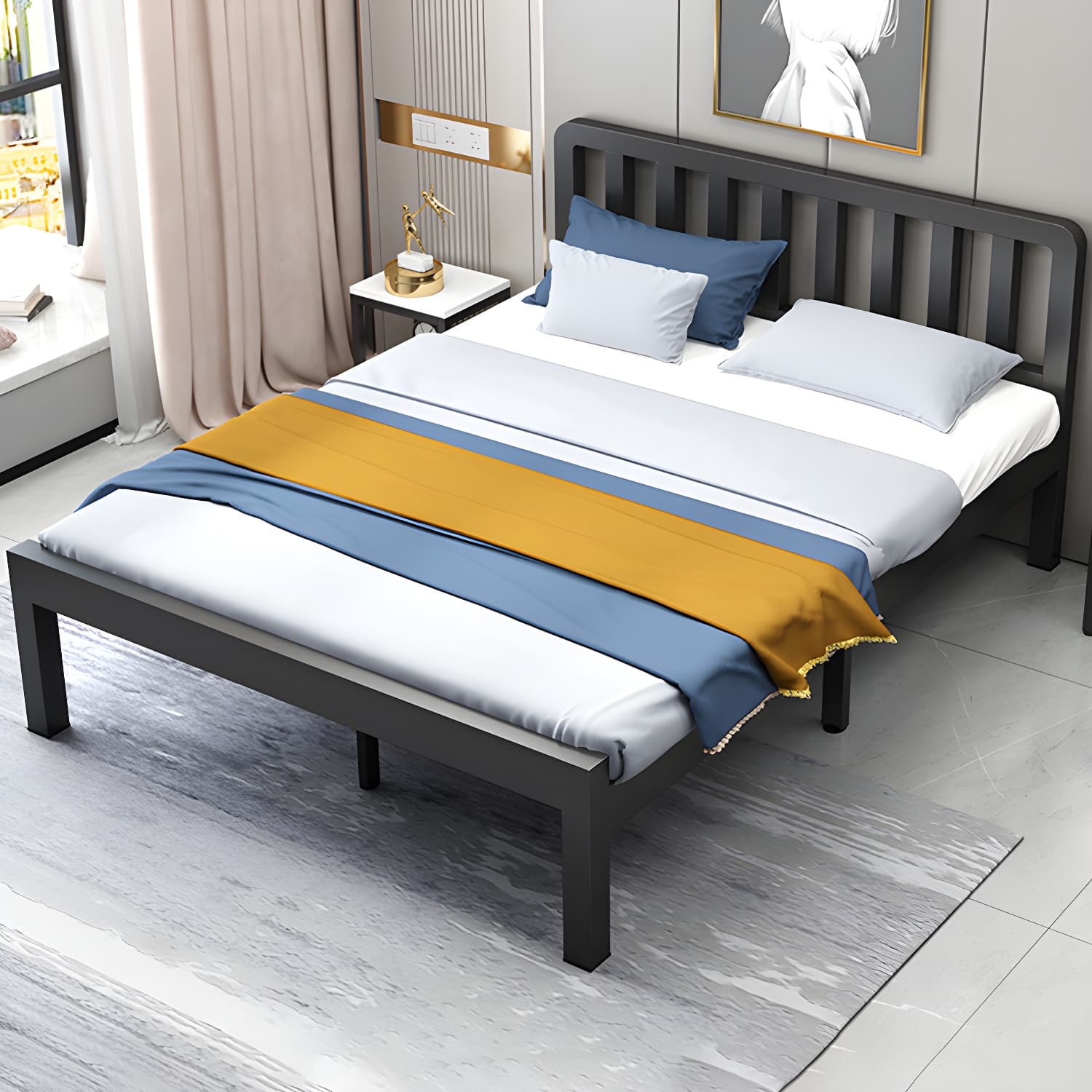 Contemporary Metal Bed Frame Solid Color Slat Bed with Custom Gold Legs thumbnail 7