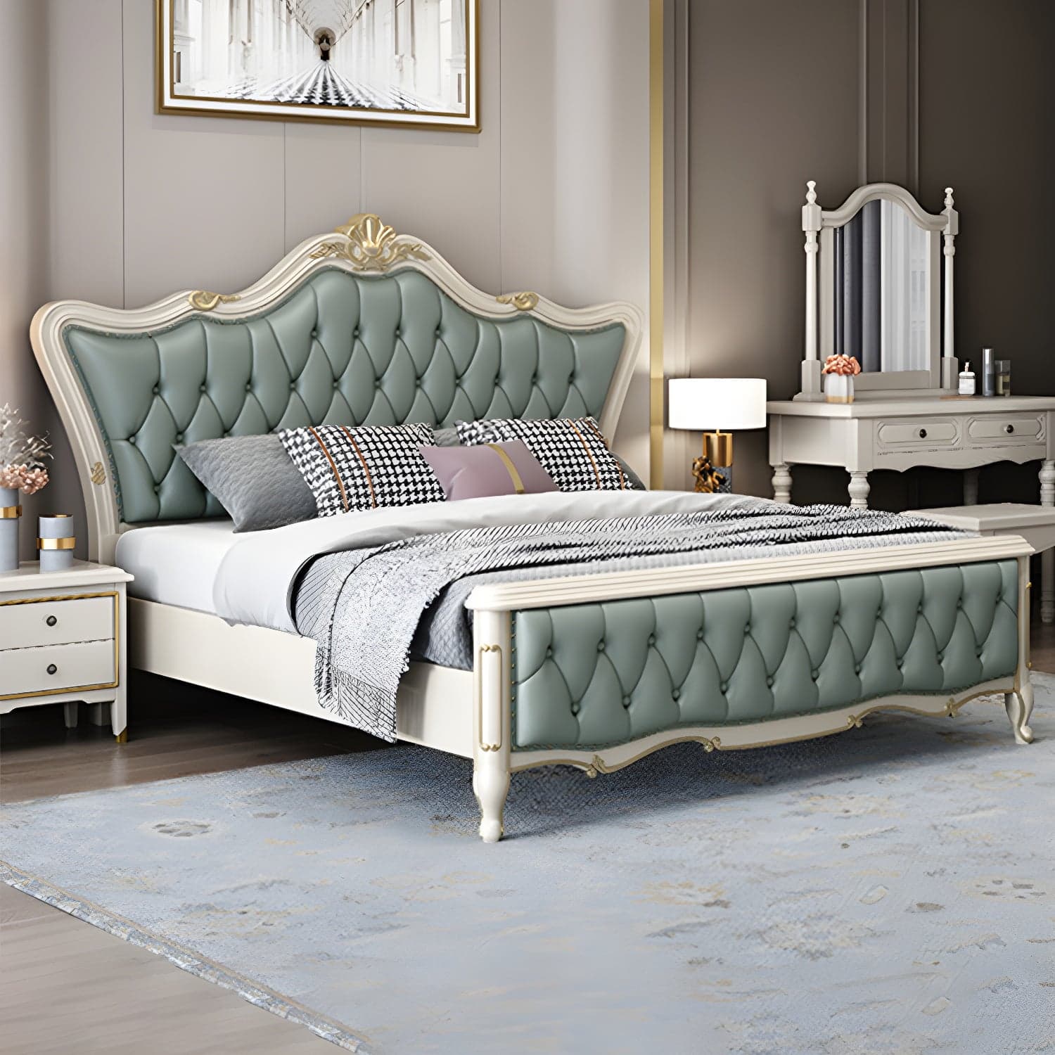 84.65 inch Wide Glam Bed Frame Rubberwood Solid Color Standard Bed with Headboard thumbnail 7