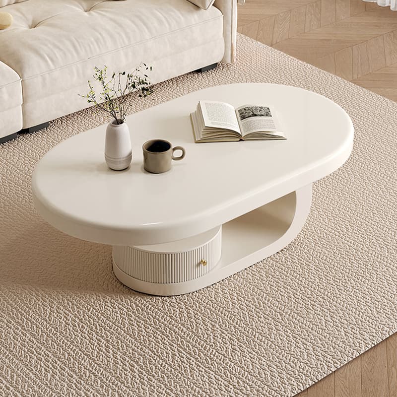 Minimalist Oval Wooden Coffee Table with 1 Shelf and White Top thumbnail 3