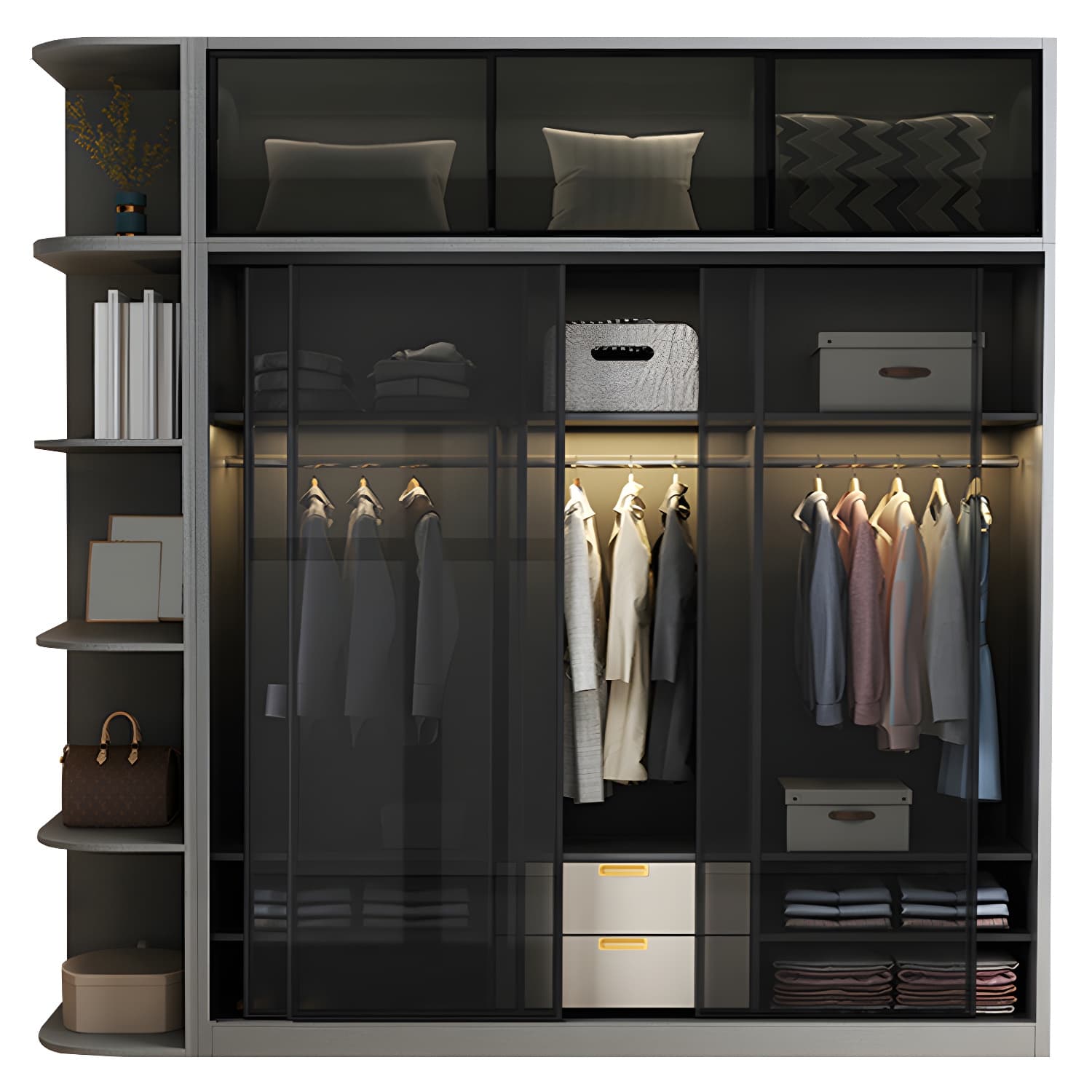 Contemporary Wood and Tempered Glass Wardrobe Freestanding Wardrobe Armoire without Light thumbnail 5