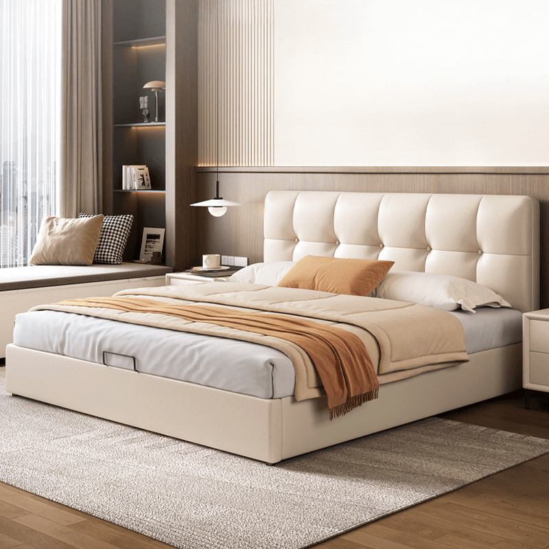 Cream Solid Color Stitch-tufted Storage Platform Bed/Storage Panel Bed with Sponge Filling Headboard Panel, 3 Storage Boxes Included/Not Included thumbnail 1