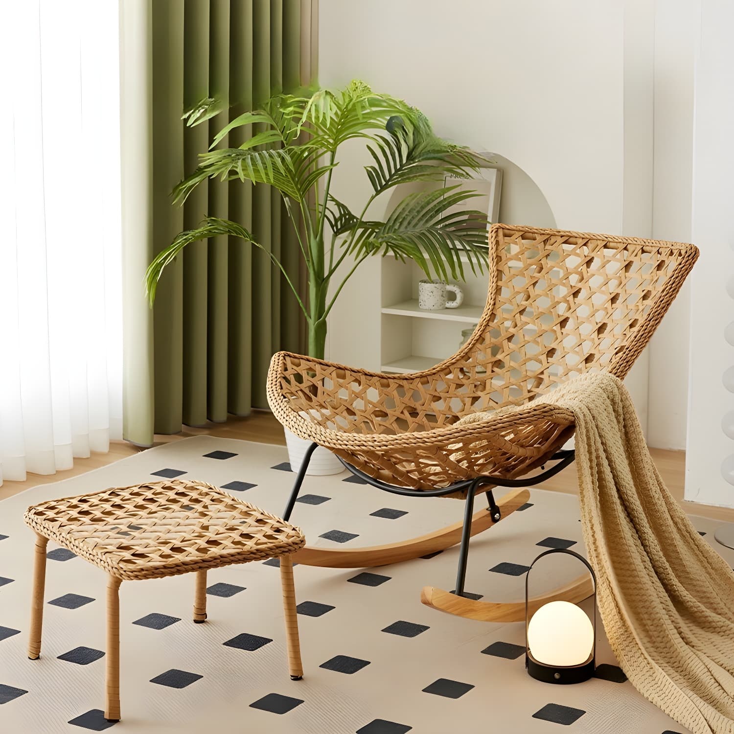 Traditional Armless Design Indoor Rocking Chair with rattan Frame and Nature Wood Legs thumbnail 21