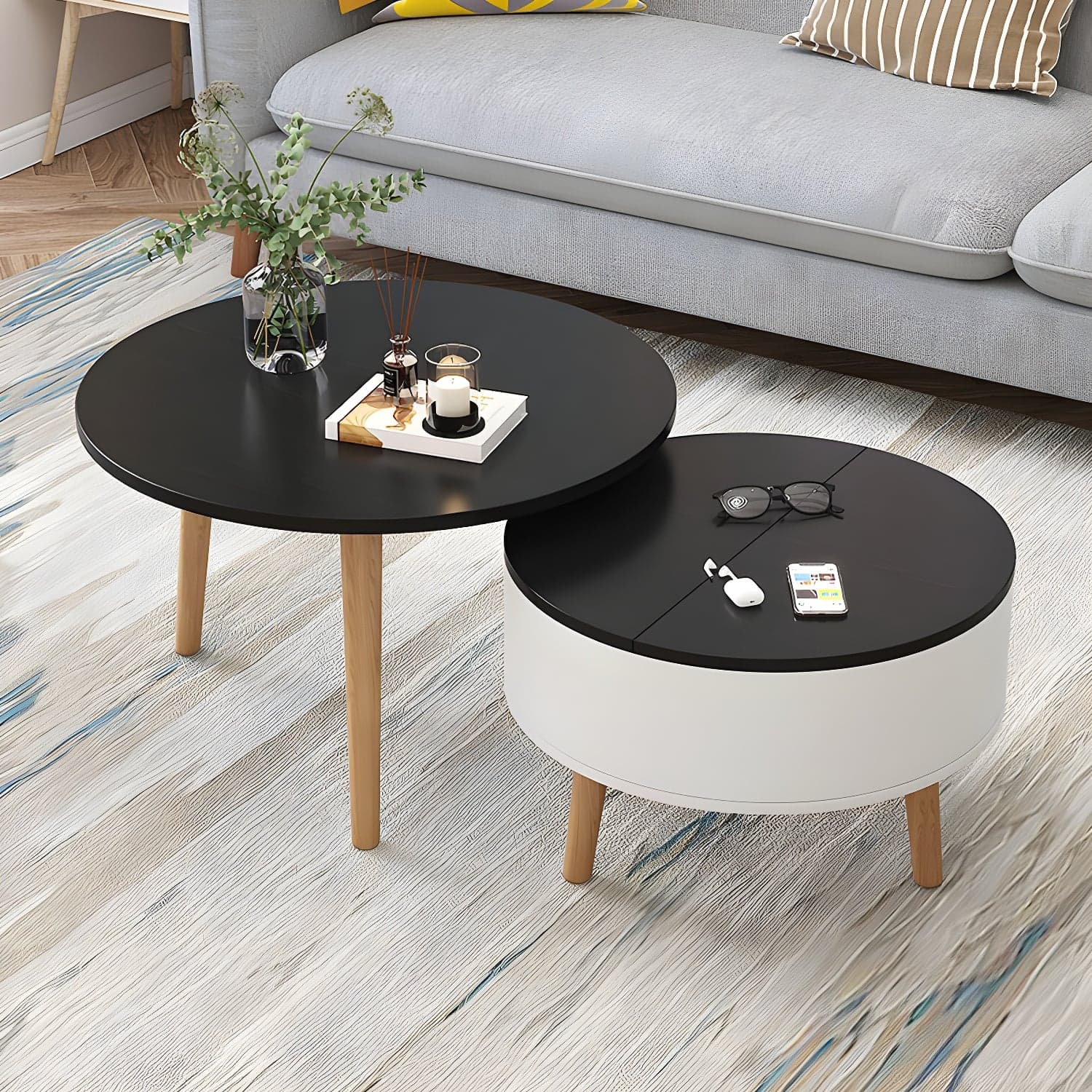 Round Solid Wood 3 Legs Coffee Table with Storage Drawers Modern Cocktail Table thumbnail 2