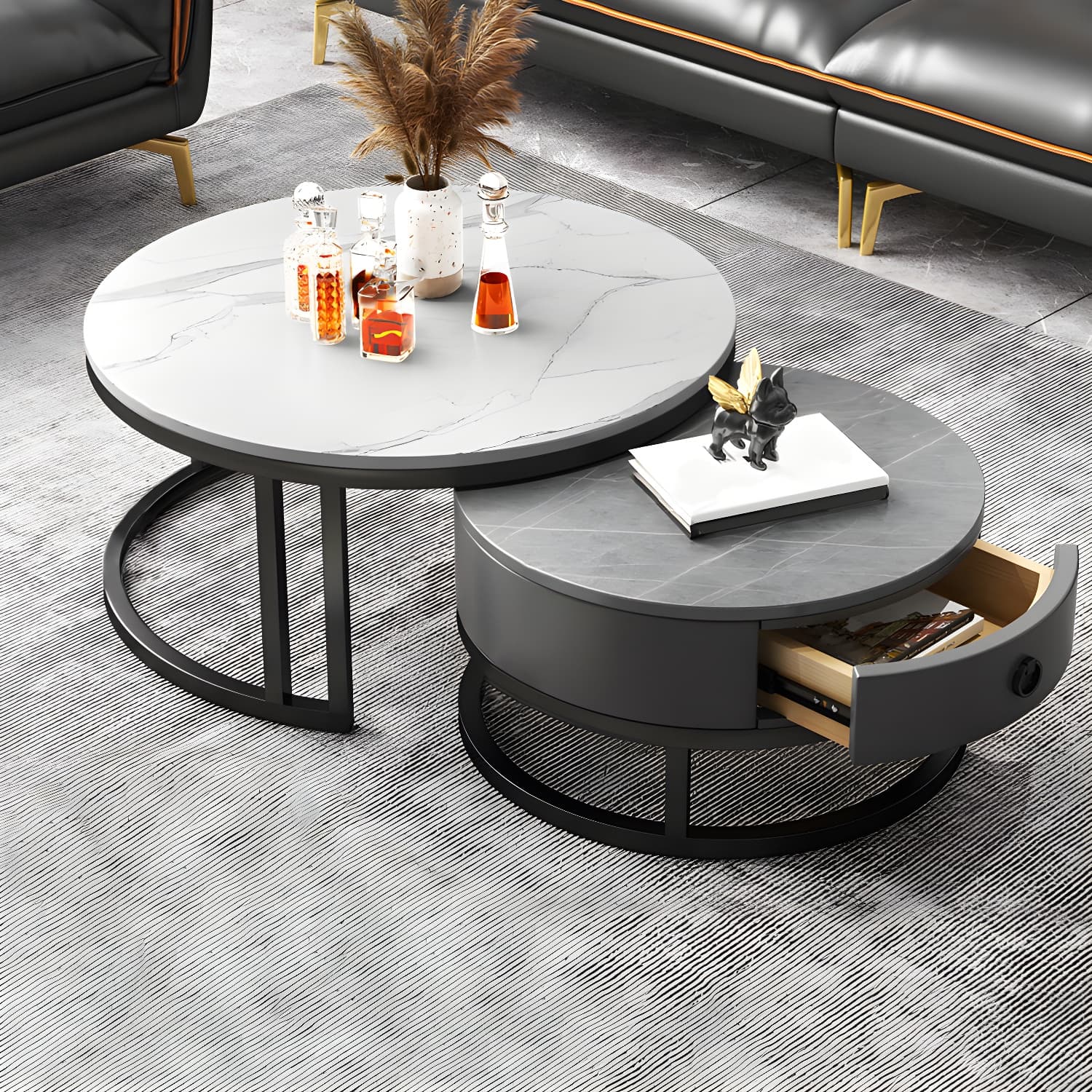Modern Nesting Coffee Table Set Frame Round Coffee Table Set with Drawer thumbnail 7