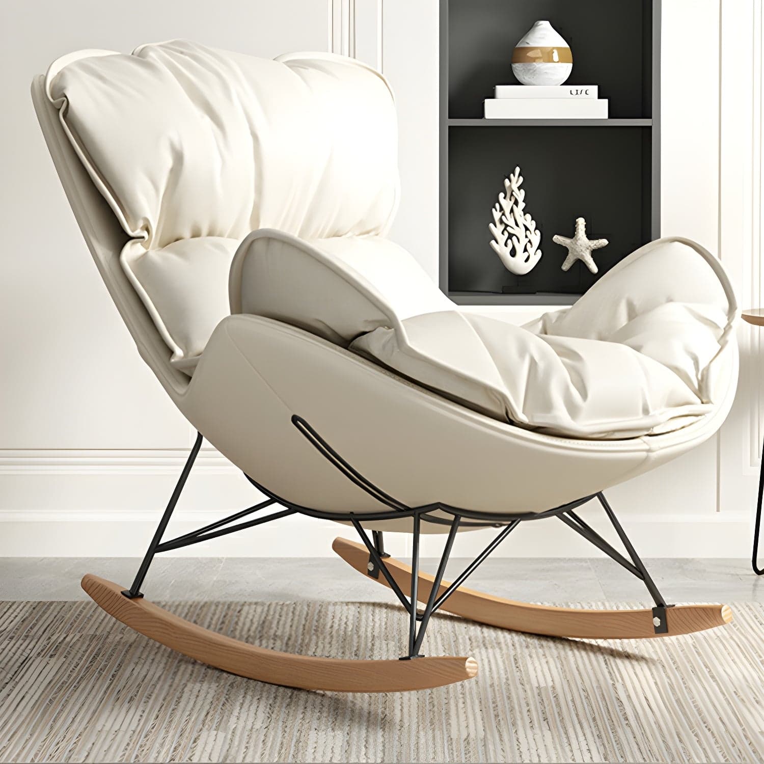 Stylish and Comfortable Modern Upholstered Indoor Rocking Chair with Natural Wood Legs thumbnail 7
