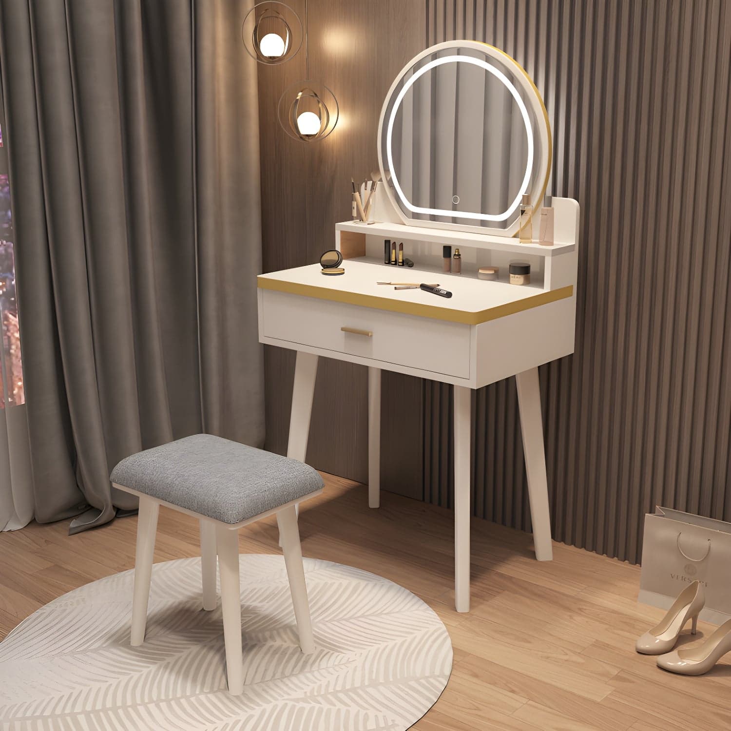 Traditional Bedroom With Drawer Solid Wood Lighted Mirror Make-up Vanity thumbnail 3