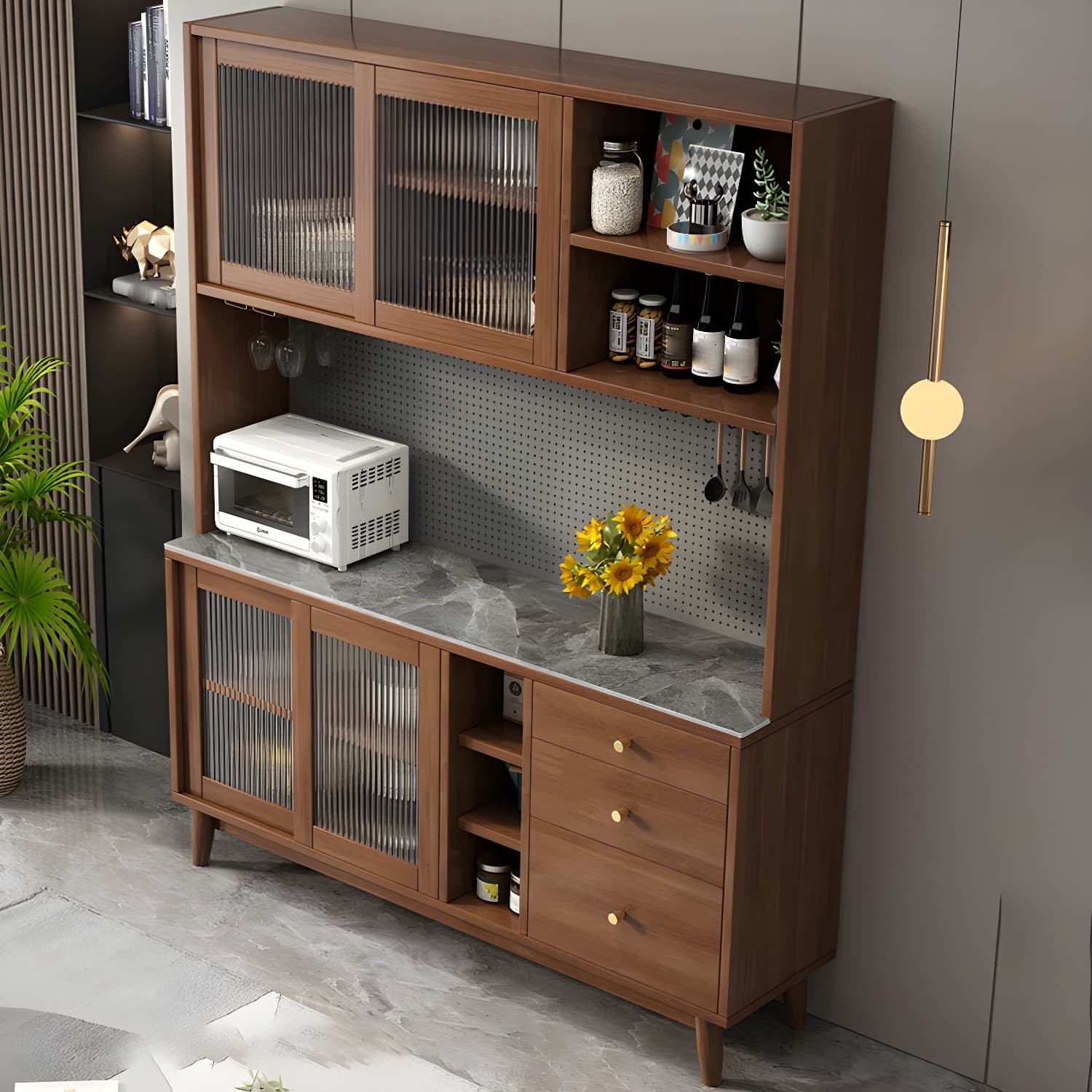 Modern Style Solid Wood Storage Sideboard Cabinet with Glass Doors and Drawers thumbnail 7