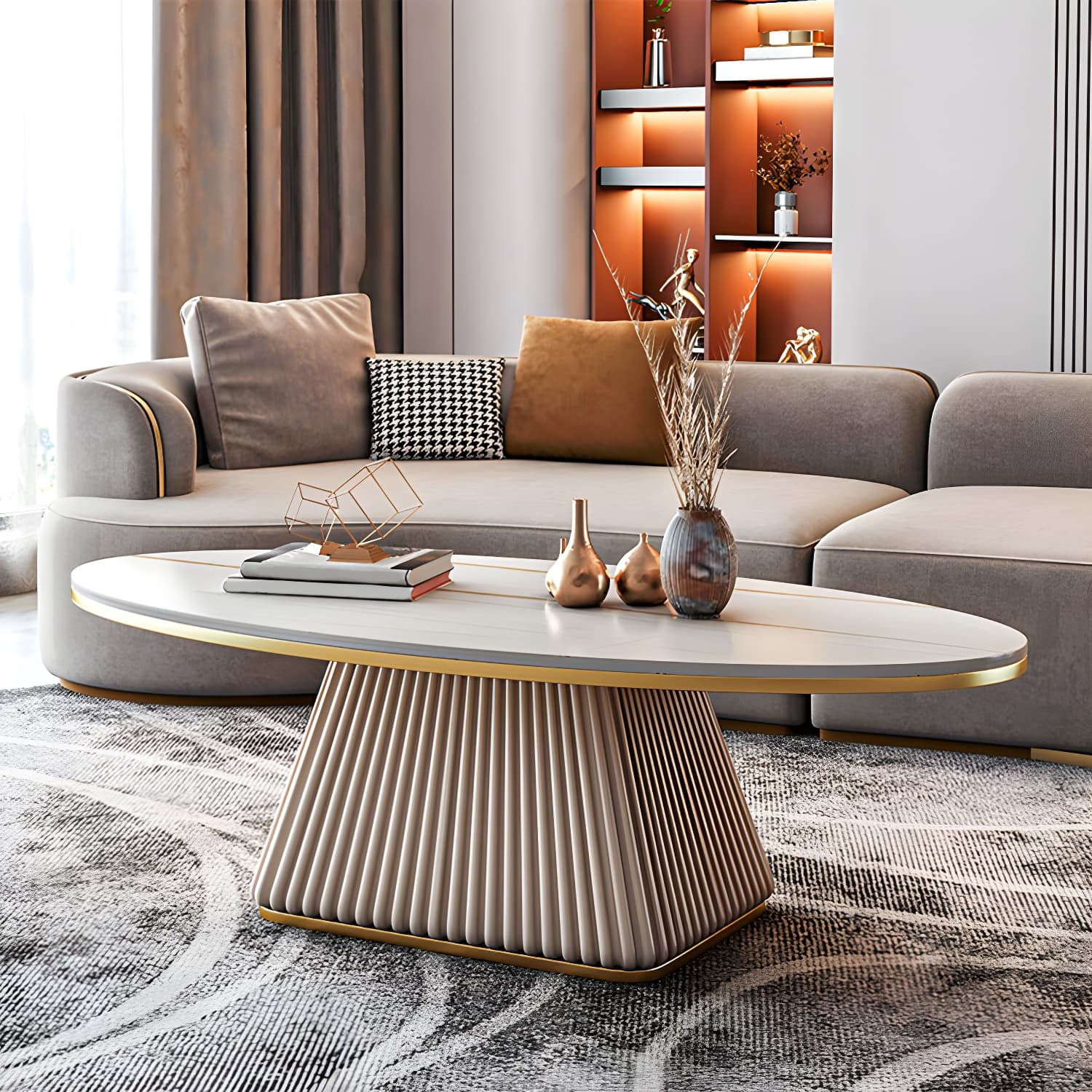 Elliptical Stone Coffee Table Pedestal 1 Single Cocktail Table - 17.72" H thumbnail 14