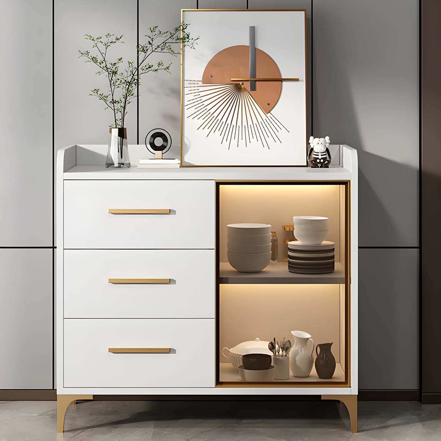 Glamorous Wood Buffet Sideboard with Glass Doors and Open Storage thumbnail 4