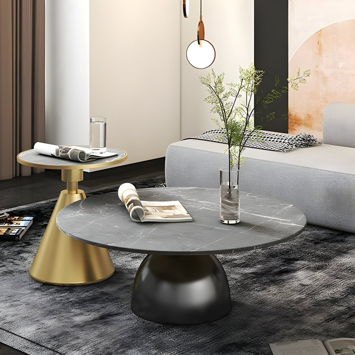 Round Stone Glam Coffee Table with Pedestal Iron Base and Built-in Storage thumbnail 4
