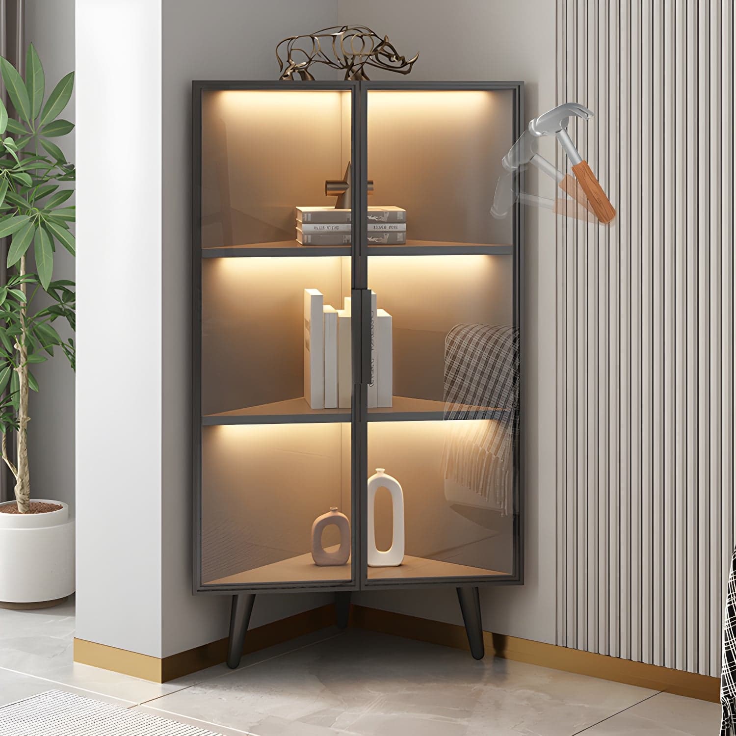 Corner Modern Accent Cabinet with Black Metal Base and Glass Doors, Black Wood Counter Top thumbnail 10