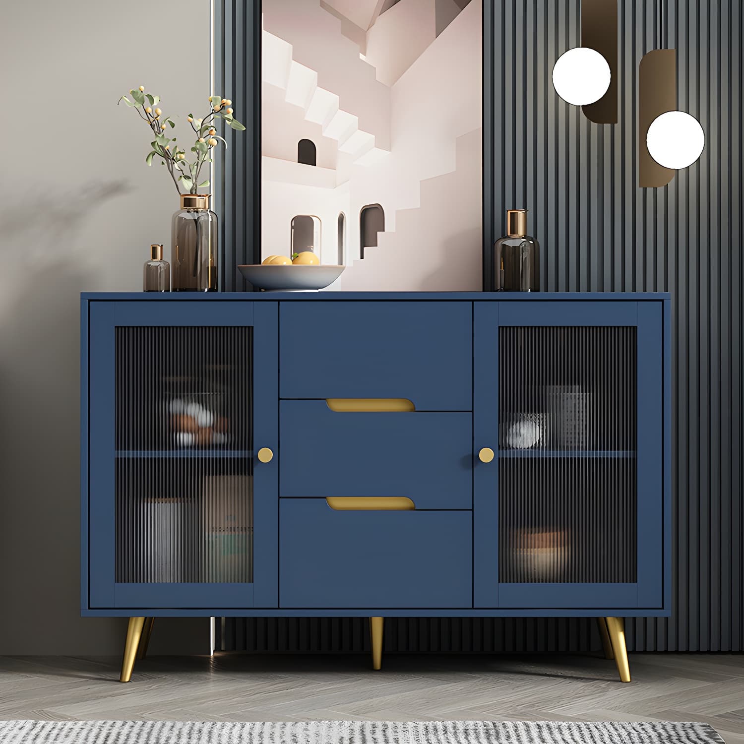 3-Drawer Engineered Wood Sideboard Modern Glass Doors Cabinets Credenza for Living Room thumbnail 9