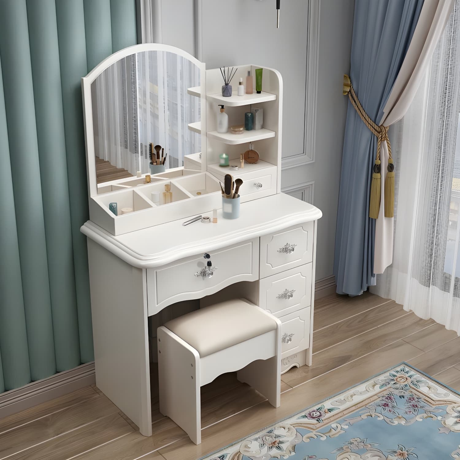 Modern White Wood Makeup Vanity with Seating & Standing Mirror thumbnail 2