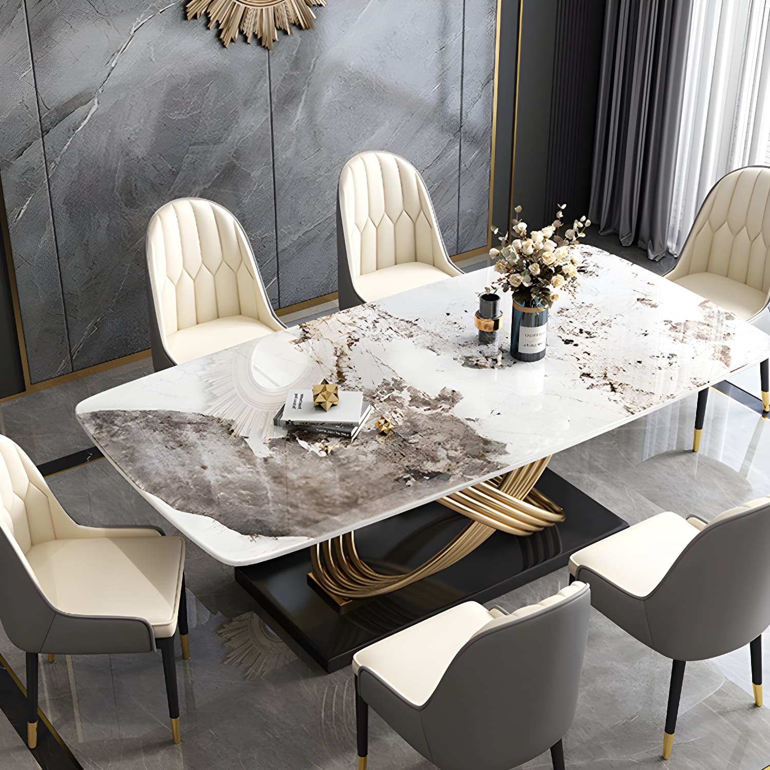 Nordic Glam Rectangle Sintered Stone Table Set 1/4/5/7 Pieces Dining Set thumbnail 9