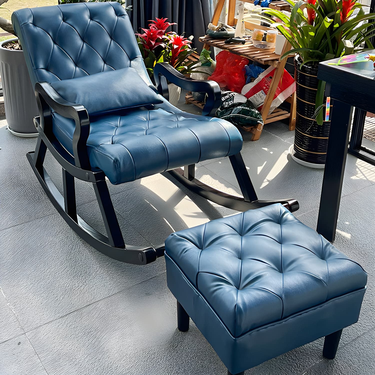 49" Wide Tufted Cushions Solid Wood Leather Rocking Accent Chair thumbnail 11