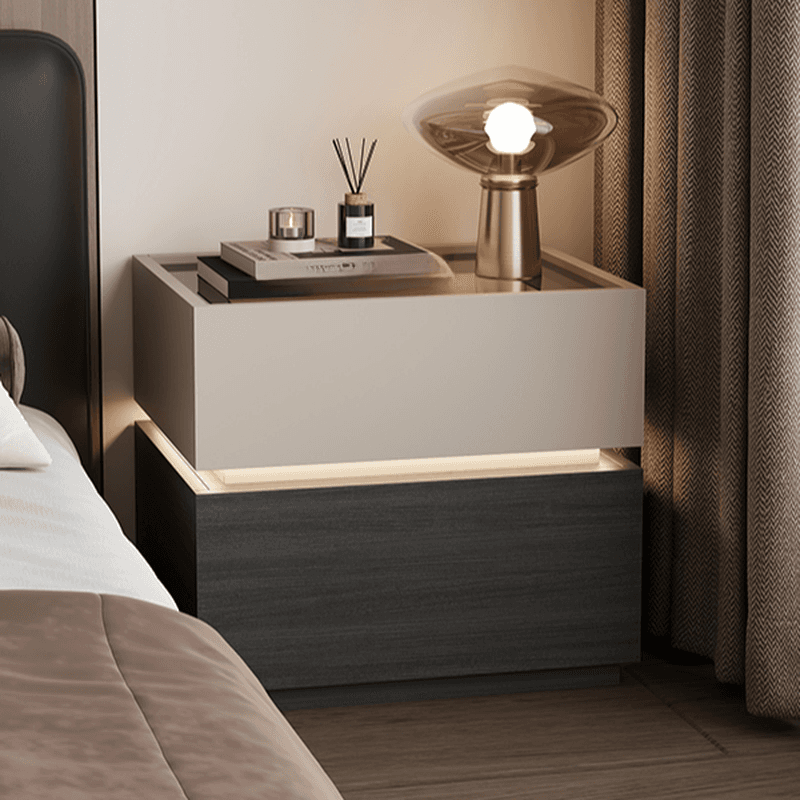 Organic Modern Nightstand With Drawer Organization with Glass Countertop and Illuminating Lighting thumbnail 10