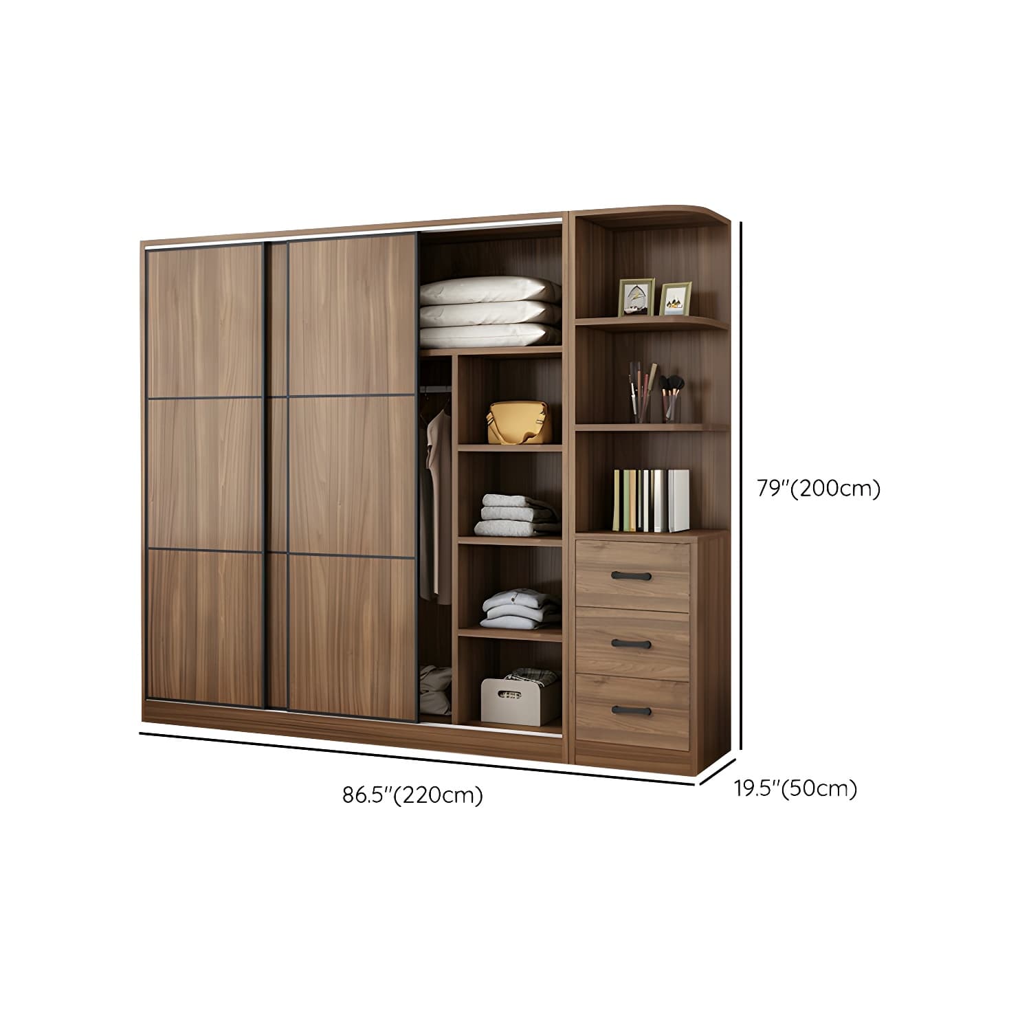 Non-Adjustable Traditional Brown Wood Wardrobe Armoire with Sliding Doors & Soft Close Drawers thumbnail 25