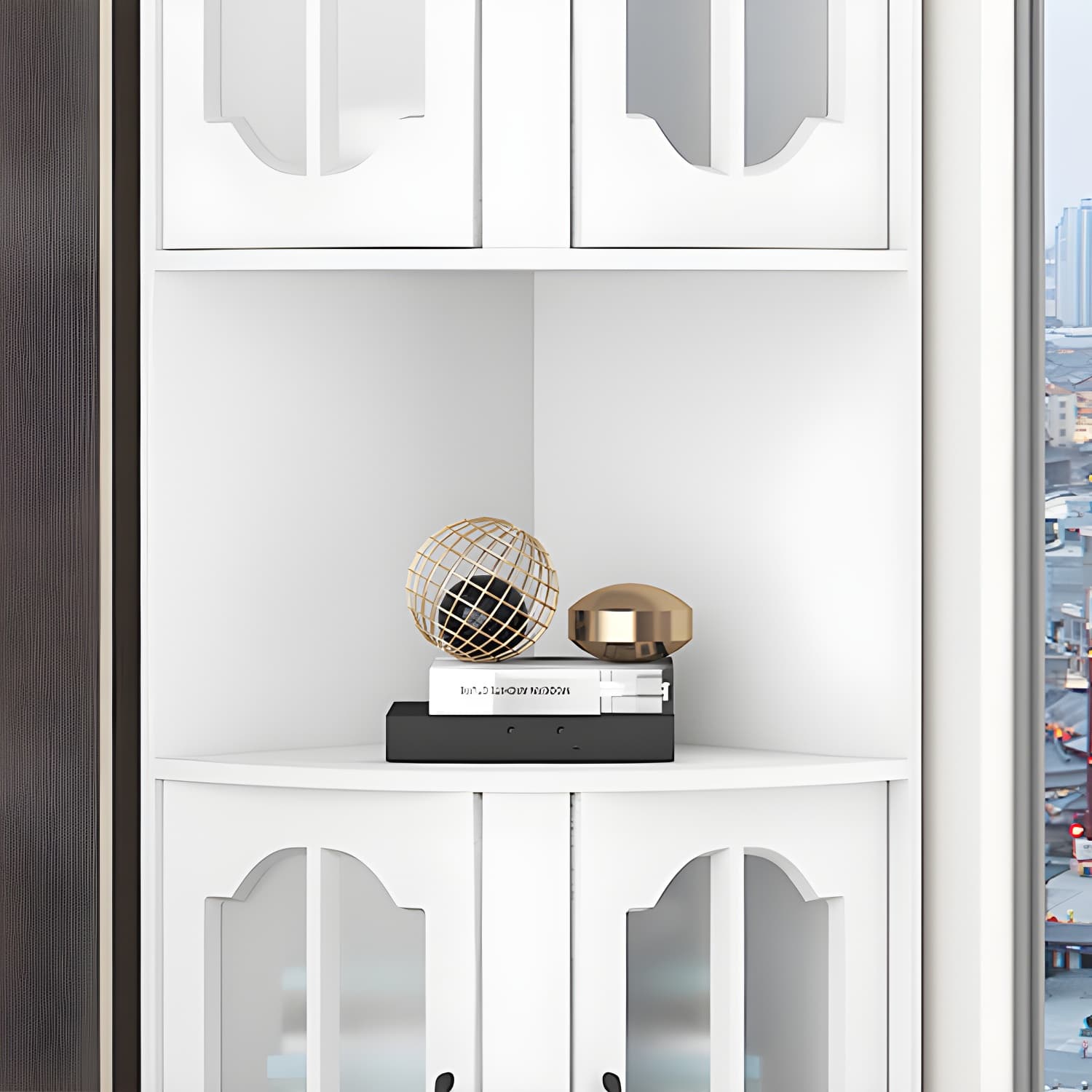 Corner Modern Glass Door Accent Cabinet with Wood Base and 2 Exterior Shelves thumbnail 7