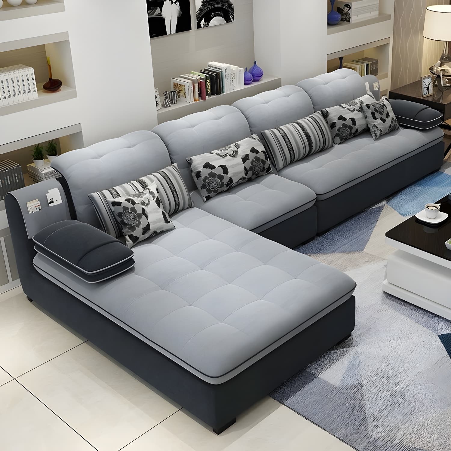 Modern Wood Frame L-Shaped Stationary Sofa Chaise with Adjustable Headrest and Storage Included thumbnail 4