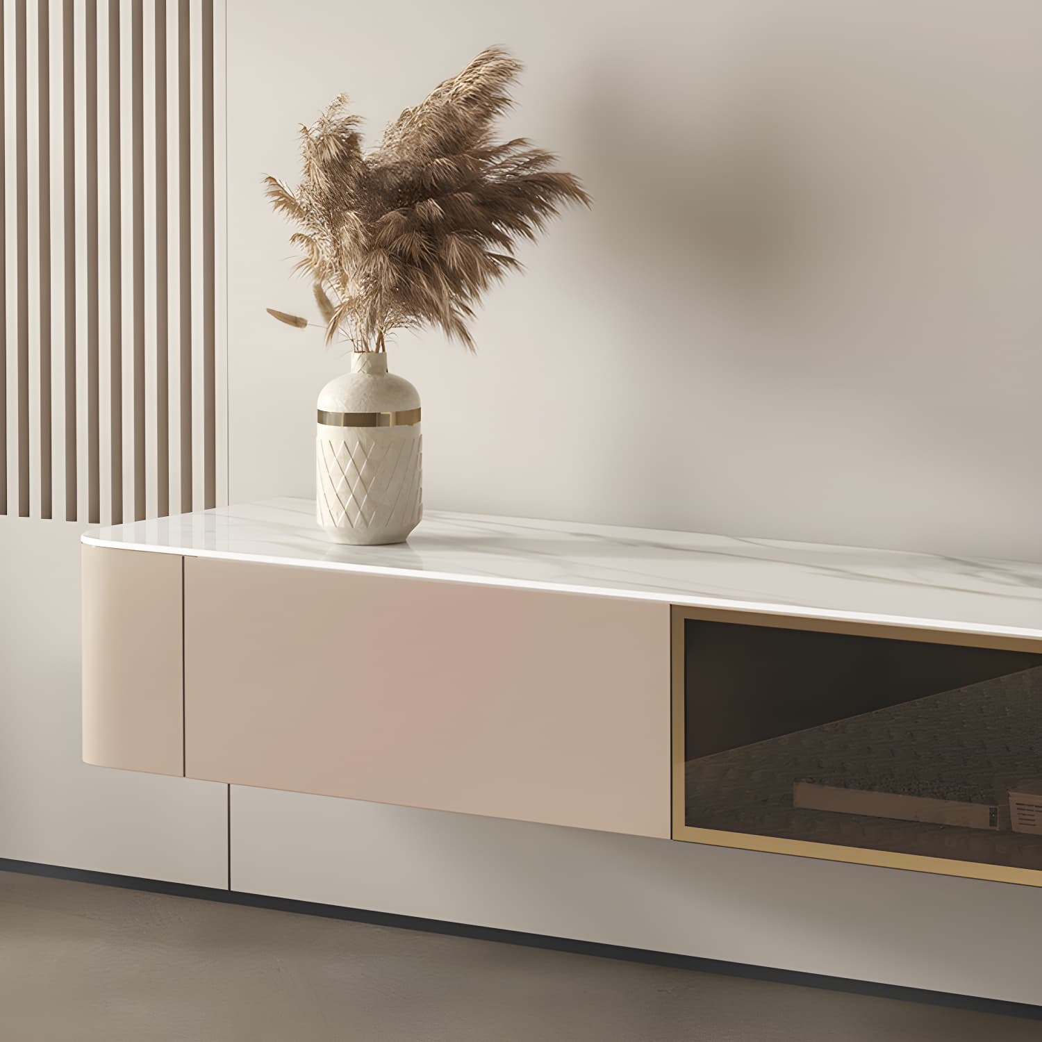 Brown Modern TV Stand with Floating Mount Design, Drawers, and Cable Management thumbnail 6