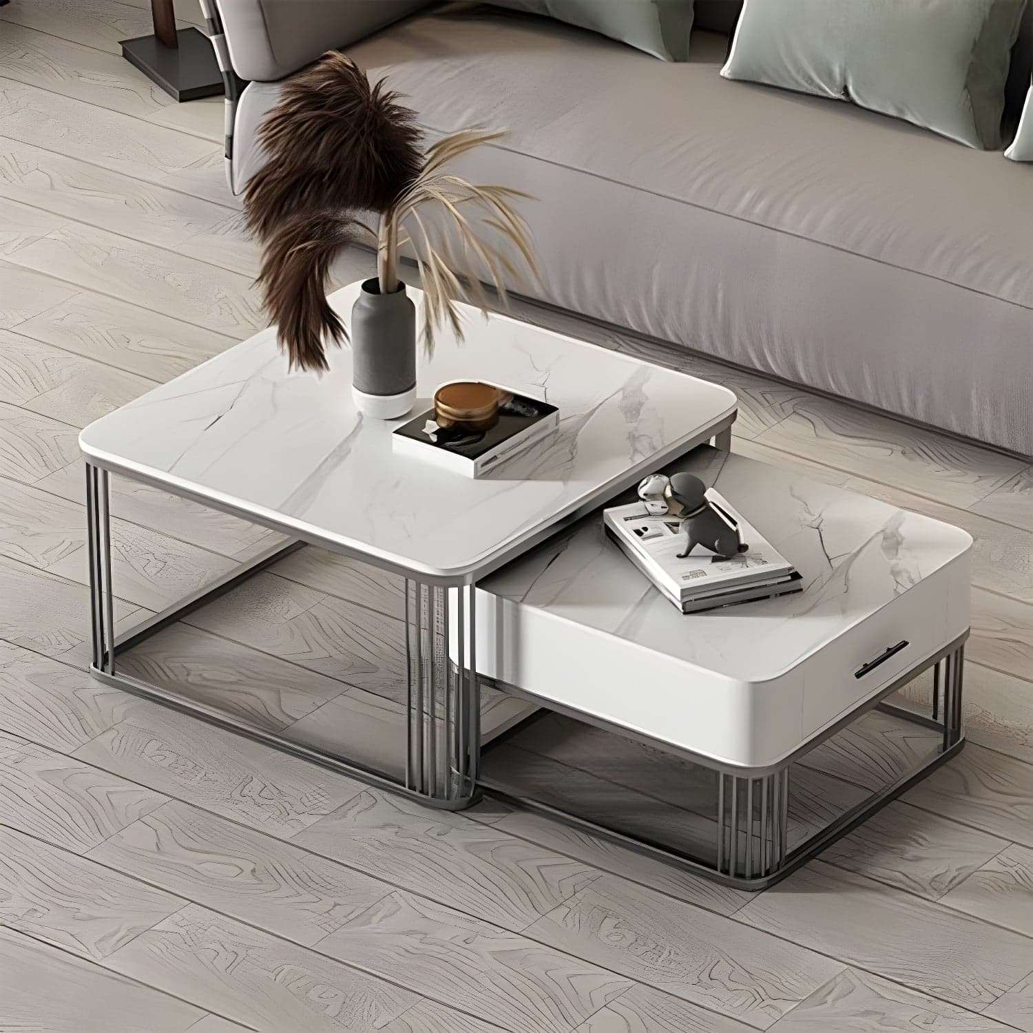 Square Slate Top Coffee Table with Drawers Frame Base 2 Nestling Cocktail Table thumbnail 4