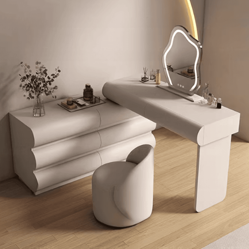 Large Vanity Set with Natural Wood Table Top, White Chair, 8 Drawers, Mirror Lights, and Scalable Design thumbnail 2