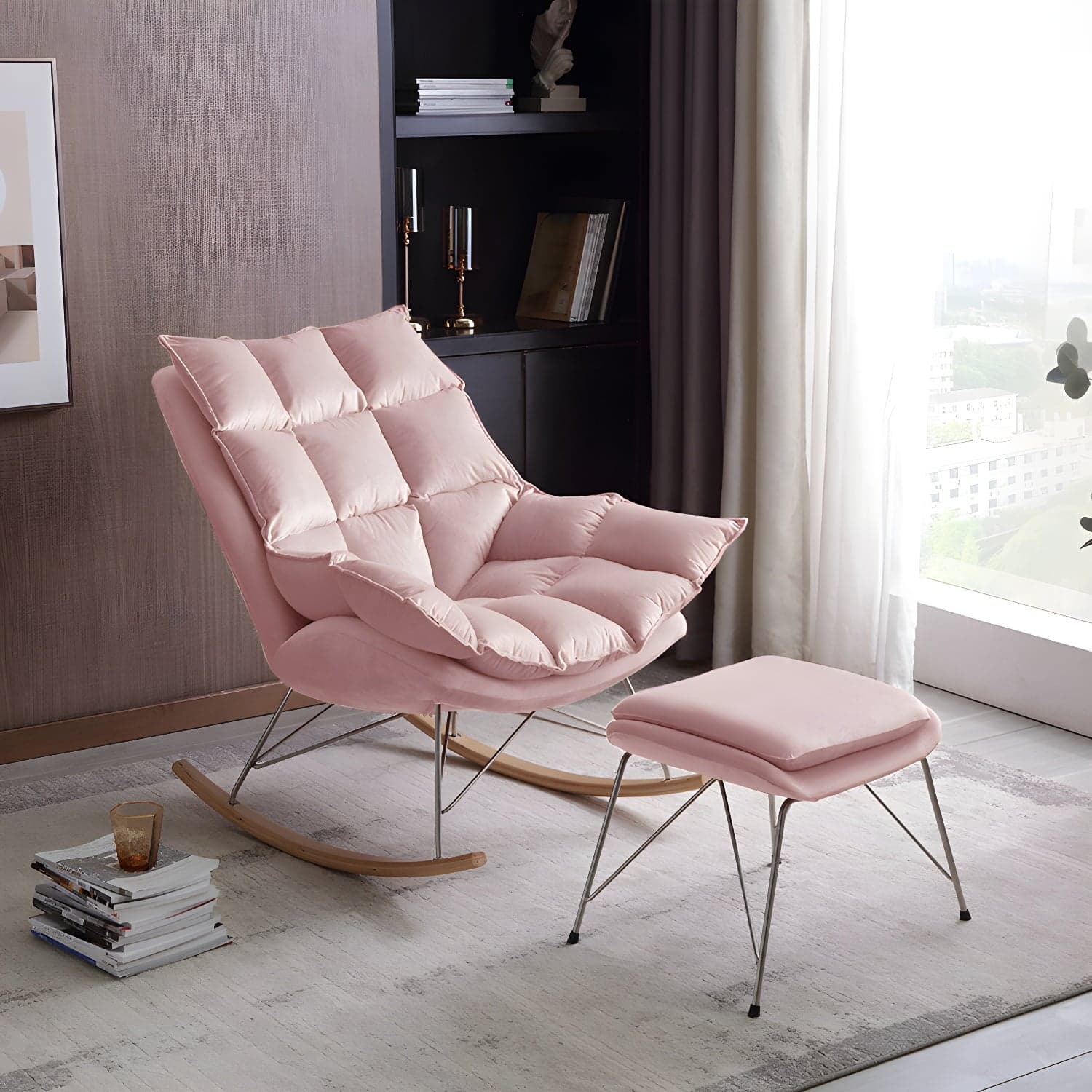 Modern Indoor Sofa Rocking Chair Mother Feeding Rocking Chair with Cushion and Ottoman thumbnail 4