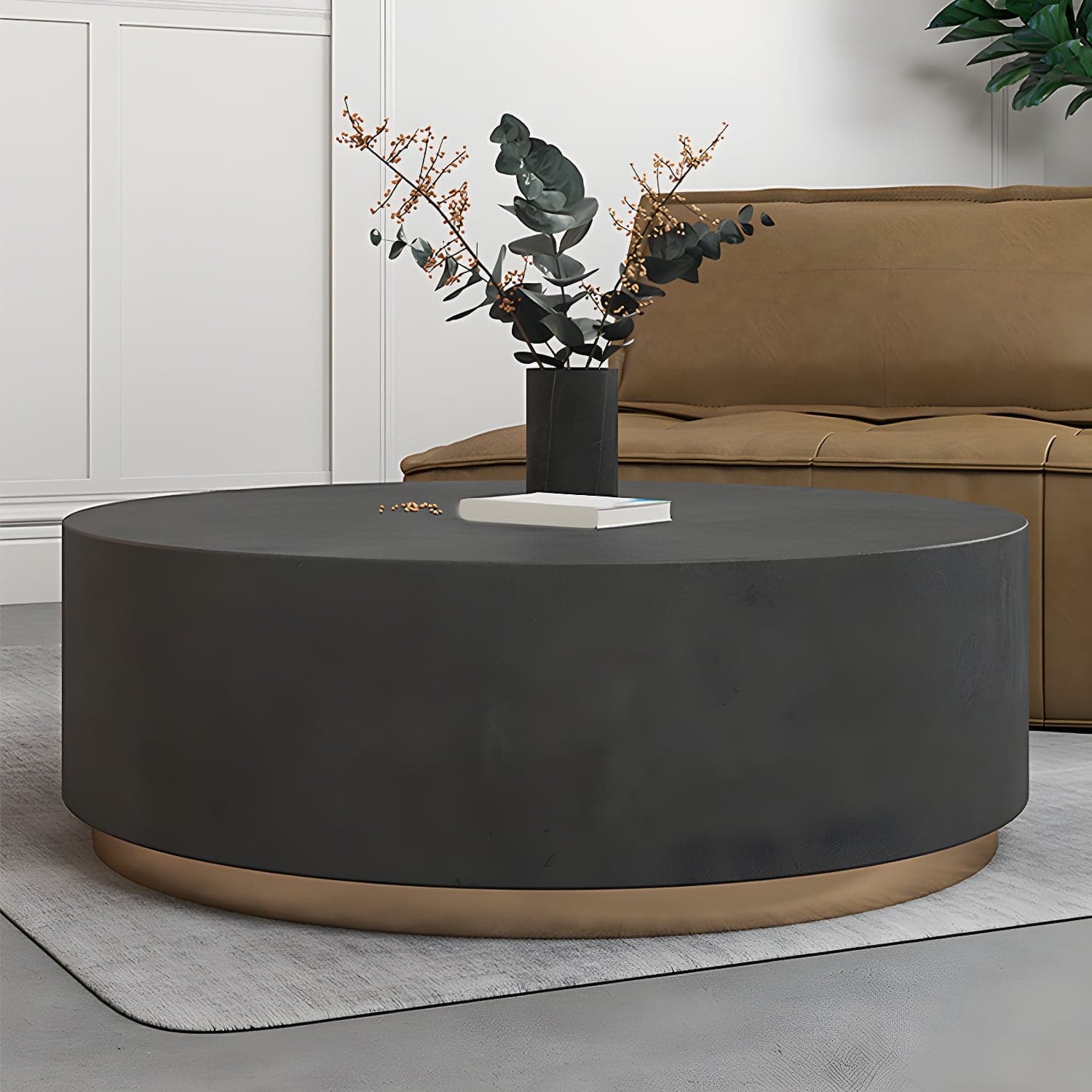 Drum Base Design Black/grey Faux Concrete Top Metal Base Round Coffee Table thumbnail 2