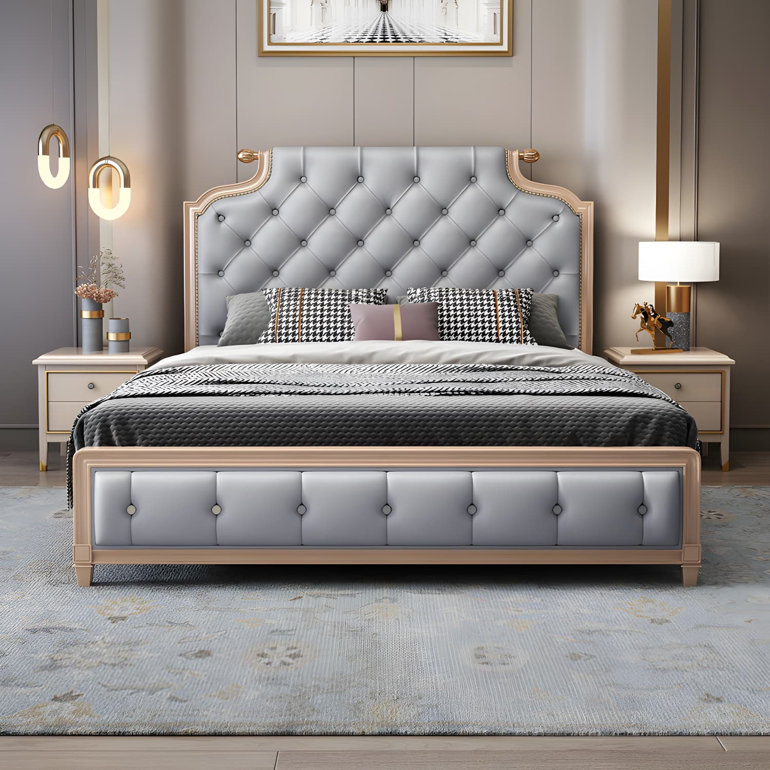 Tufted Upholstered Panel Bed with Nailhead Trim Victorian Solid Wood Bed Frame thumbnail 1