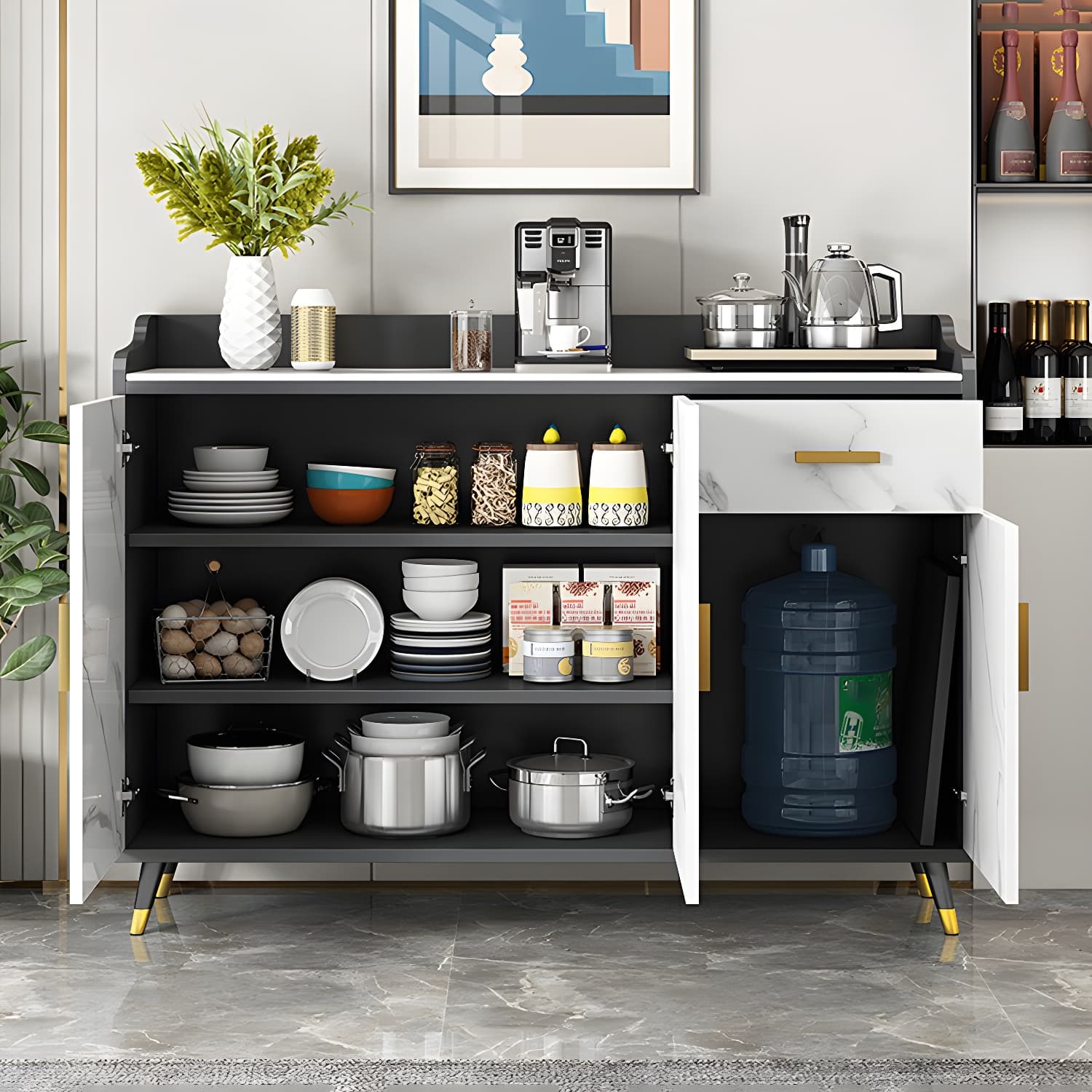 Modern Stone Top Shelves Included Sideboard with White & Grey Manufactured Wood Door - image 13