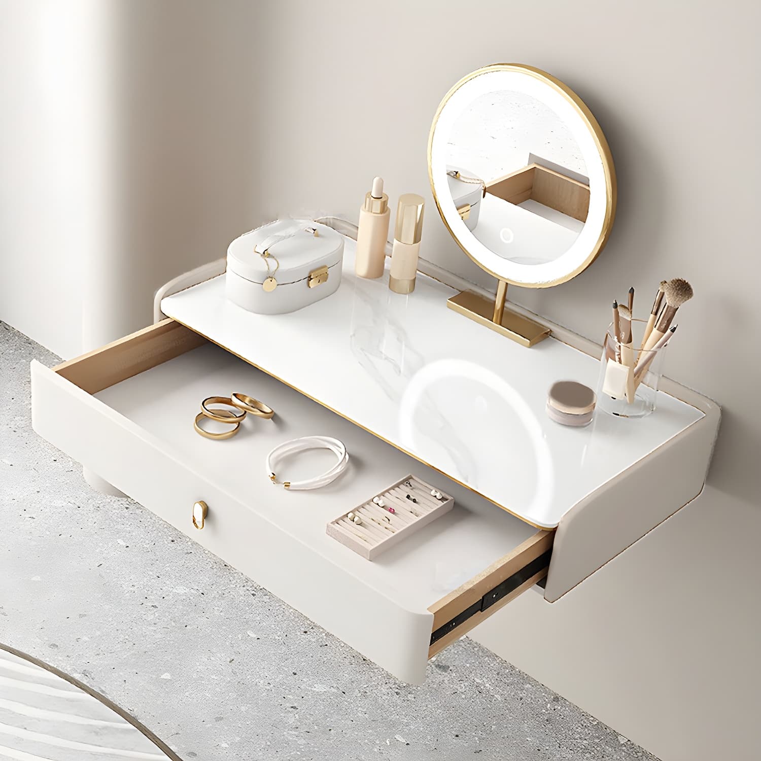 Glam Style Off-white Slate Countertop Wall Mounted with 1/2 Drawer Dresser thumbnail 2