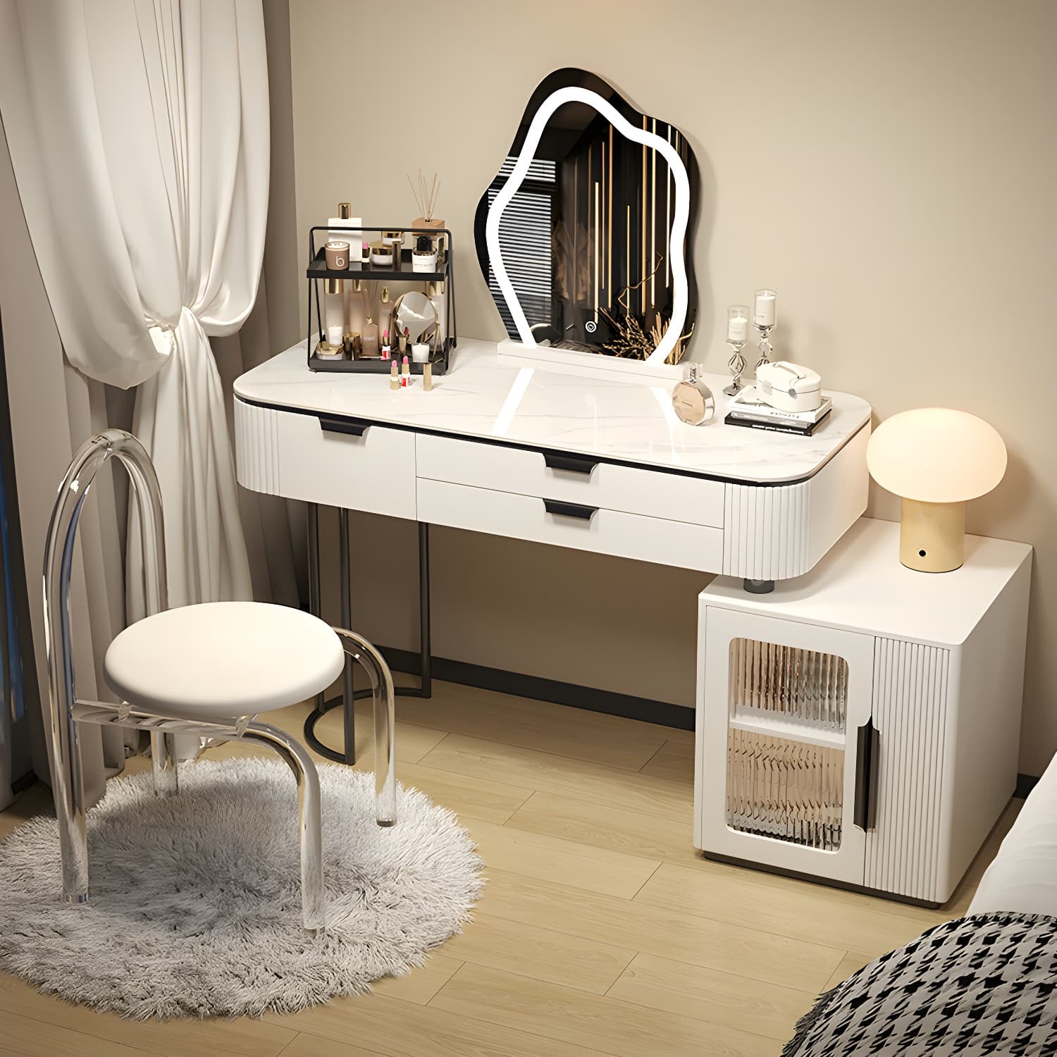 Contemporary Stone Top Vanity Table Set with Mirror and Stool Glam Slate Dressing Table thumbnail 6