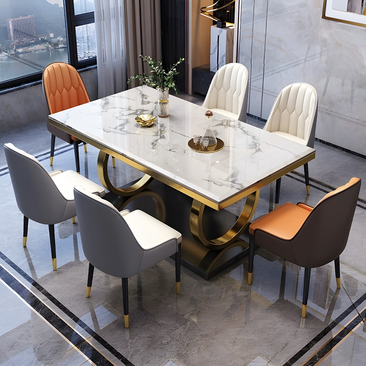 Glam Marble Dining Set with Gold Metal Pedestal Base - White and Beige - 1/5/7 Piece Set thumbnail 2