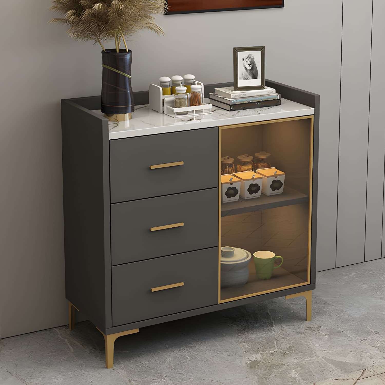 Wood Glass Doors Contemporary Style Buffet Sideboard with Cabinets and Drawers - image 3